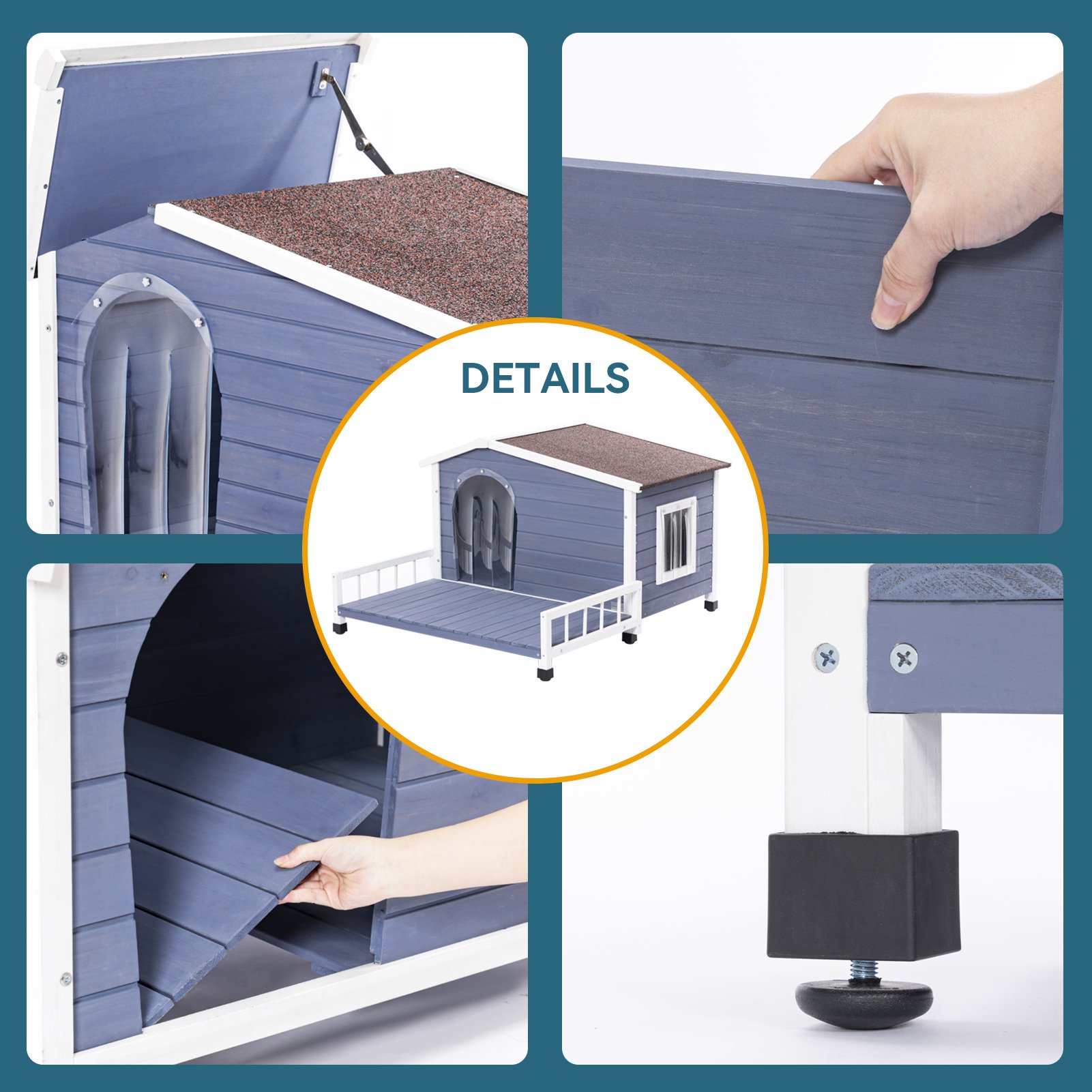 Large Wooden Dog House Indoor Outdoor With Terrace And Open Waterproof Asphalt Roof, Outdoor Dog House With Raised Floor, Windows And Door Curtains, Suitable For Small And Medium Dogs - Gray - Image 6