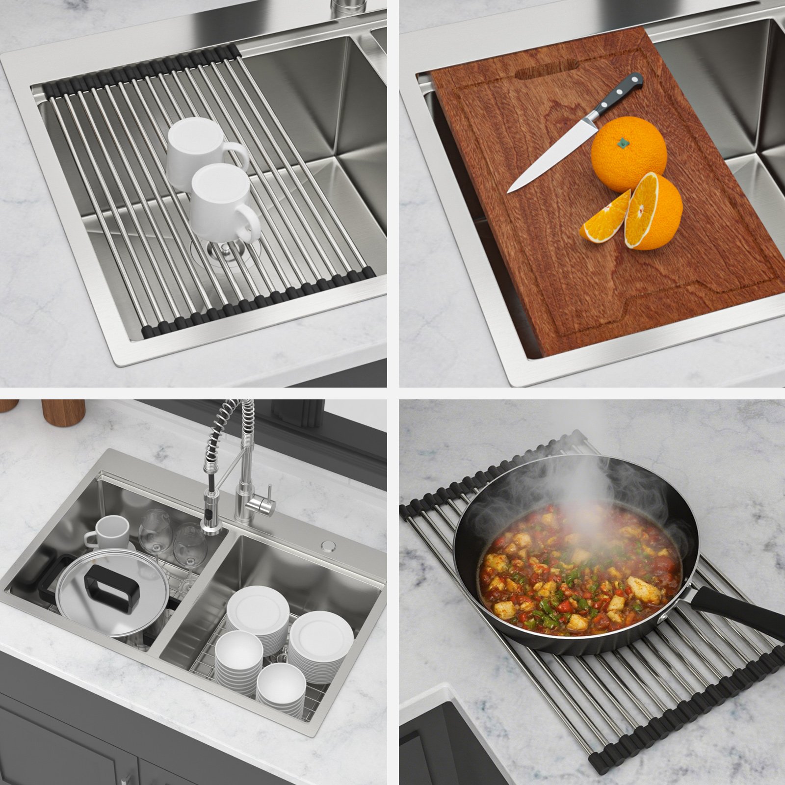 Topmount Drop In Kitchen Sink, Double Bowl 50 / 50 - Brushed Nickel - Image 7