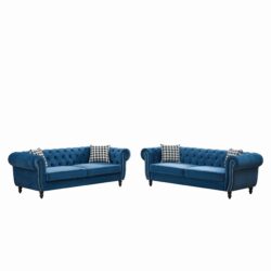 Chesterfield Sofa With Roll Armrest & Nailhead, 3 And 3 Seater Couch - Blue