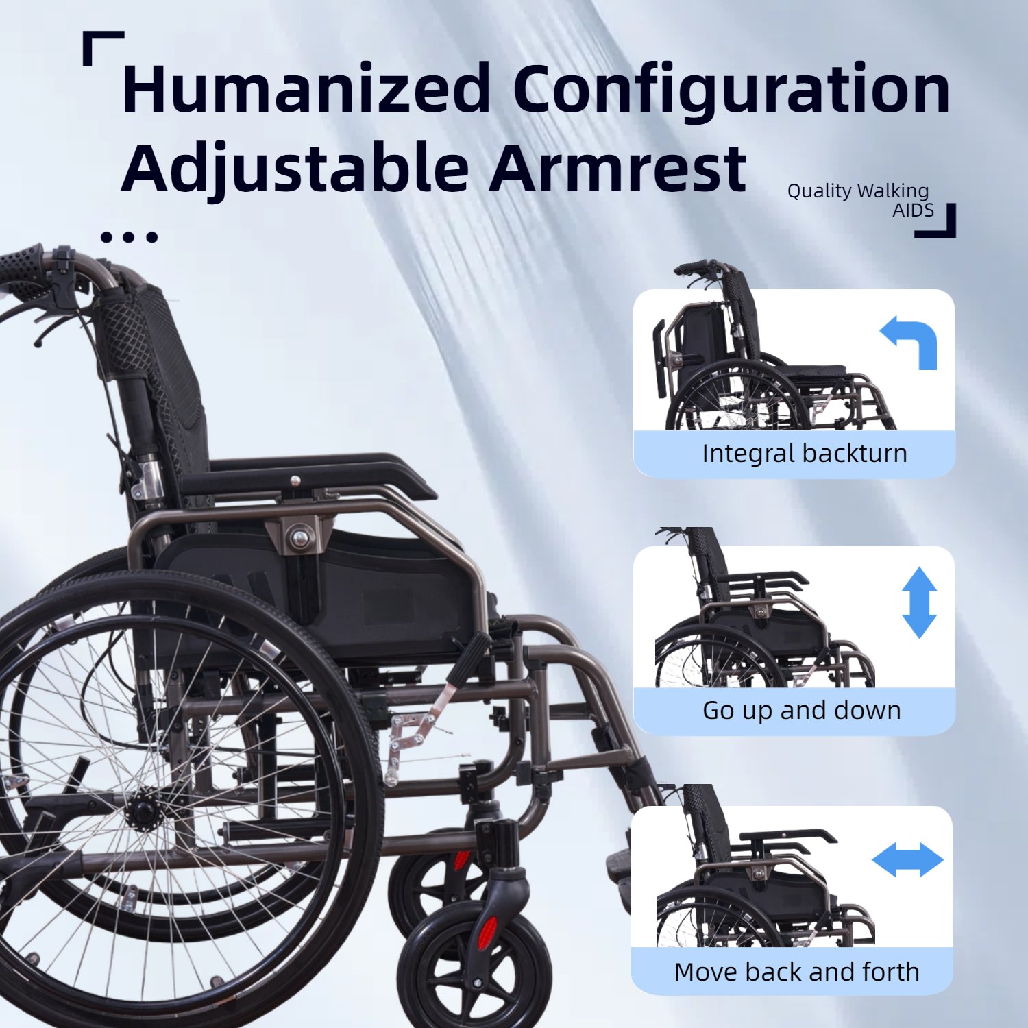 Premium Nursing Folding Wheelchair Frame Double Brakes Adjustable Seat Belt & Breathable Cushion Safe Comfortable Ride With Anti Backflip & Stability Features - Black / Gray - Image 6