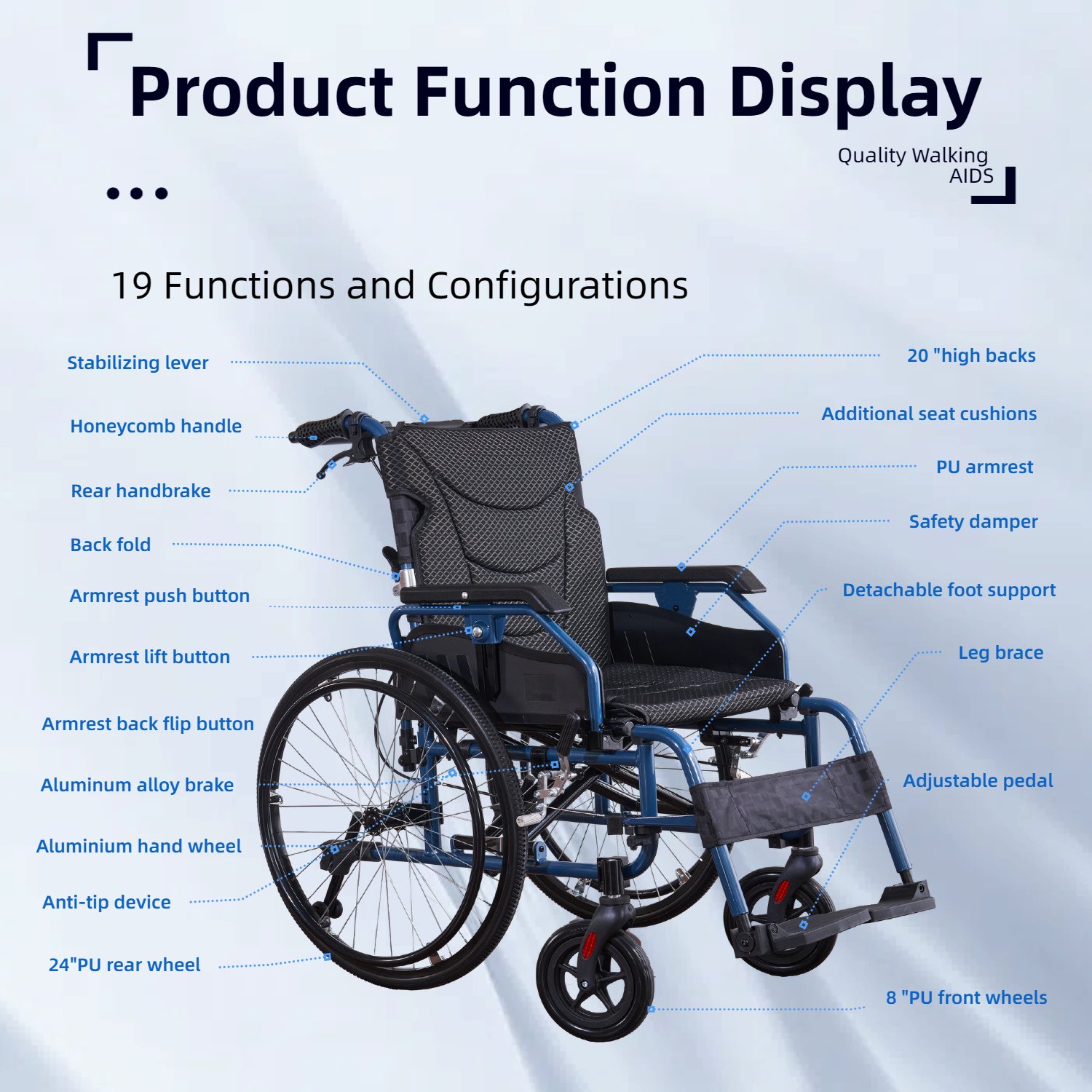 Premium Foldable Transport Wheelchair Frame Double Brakes Adjustable Armrests & Seat Belt Breathable Cushion Anti Backflip 300Lbs Capacity - Black / Blue - Image 10