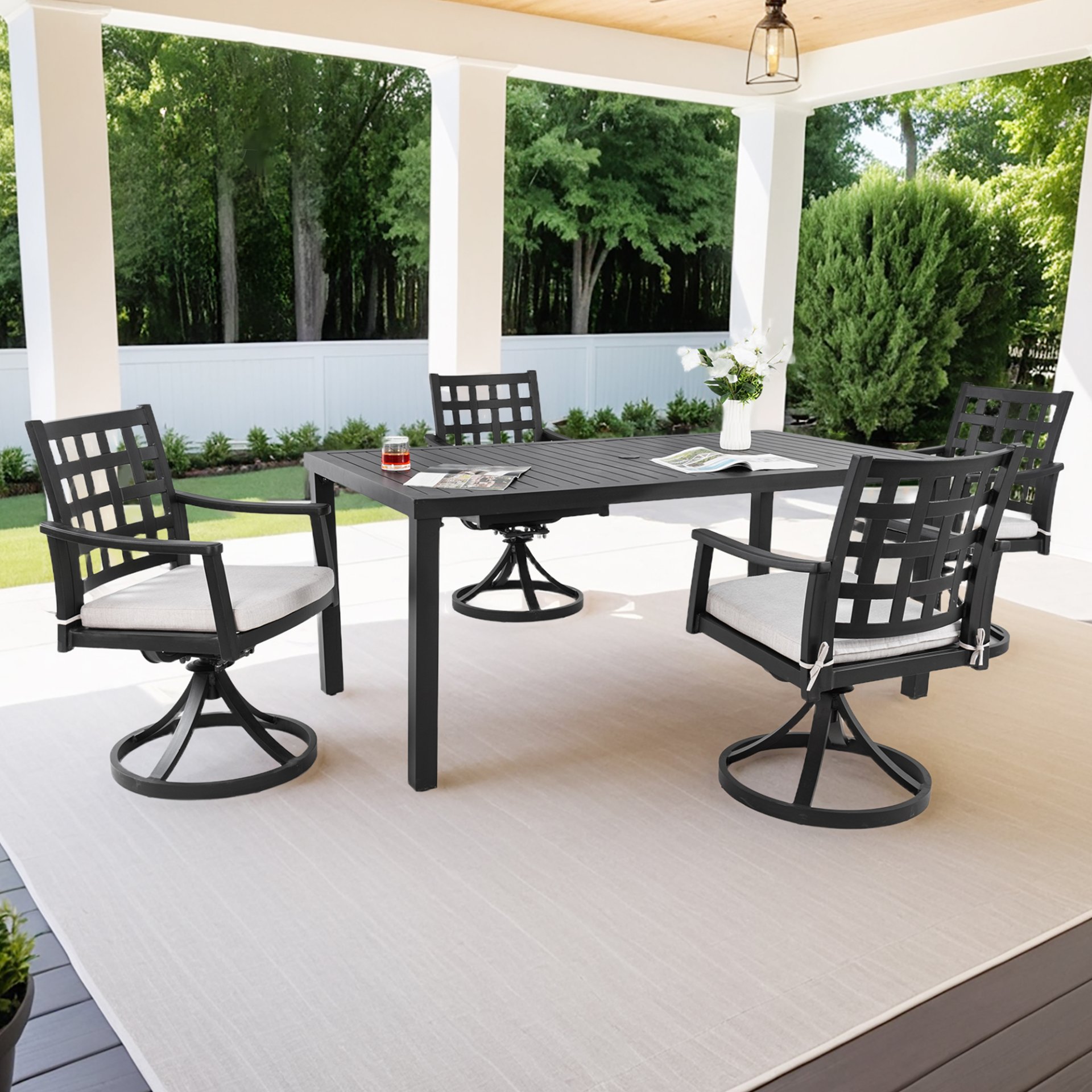 5 Pieces Outdoor Patio Dining Set, Rectangular Table & 4 Swivel Rock Dining Chairs With Sunbrella Cushion - Ember Black - Image 5