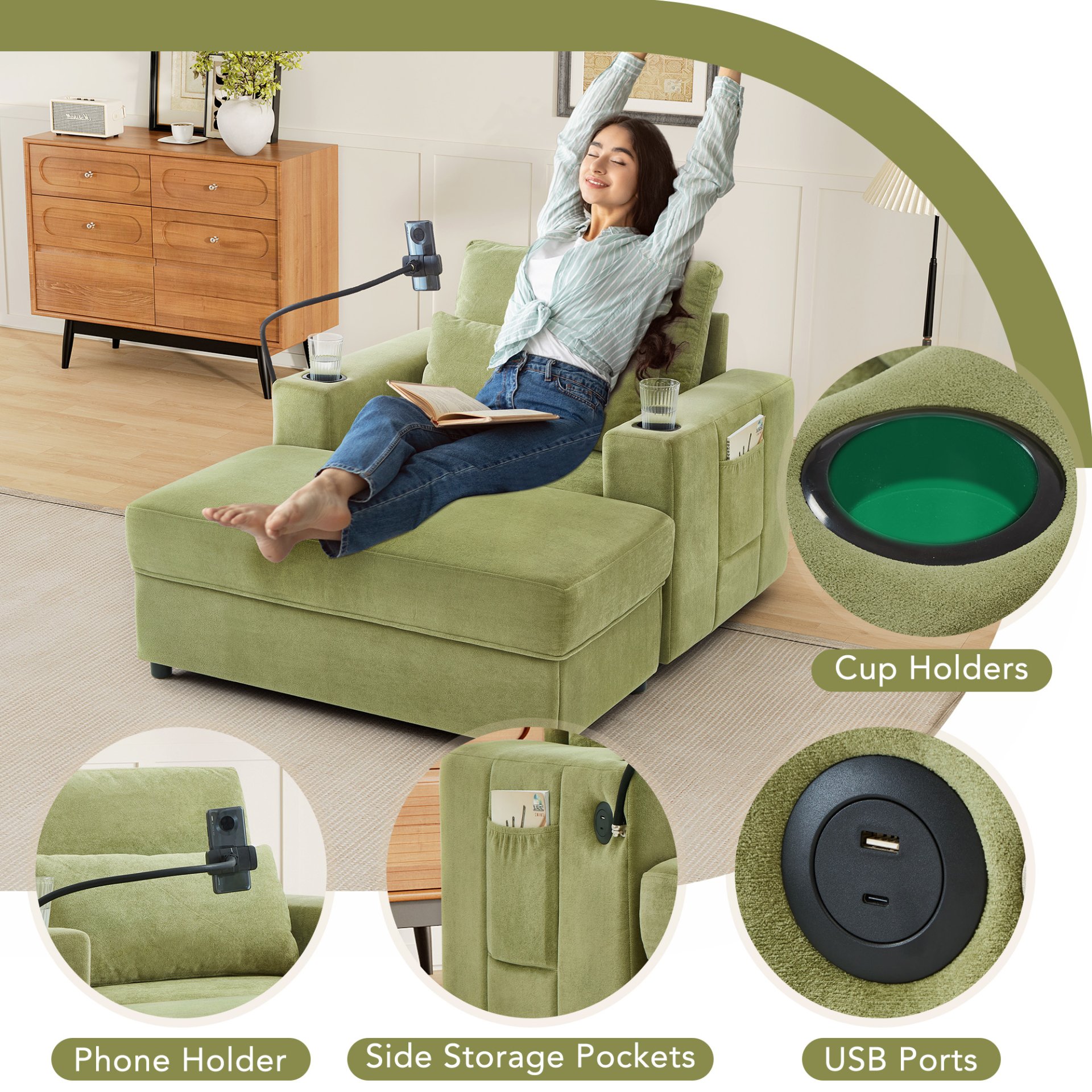 Modern Style Armchair Chaise Lounge Sofa Couch With Movable Storage Ottoman, USB Ports, Cup Holders, Phone Holder, Side Pockets - Green - Image 6