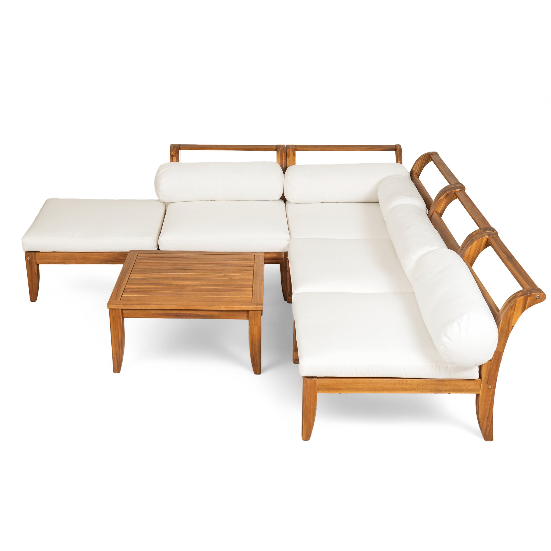 6 Piece Patio Sofa Set, Acacia Wood Outdoor Modular Sectional Garden Furniture Set L Shaped Conversation Set, Convertible Daybed With Tea Table, Ottoman, 5 Cushions And Pillows - Teak / Beige - Image 10
