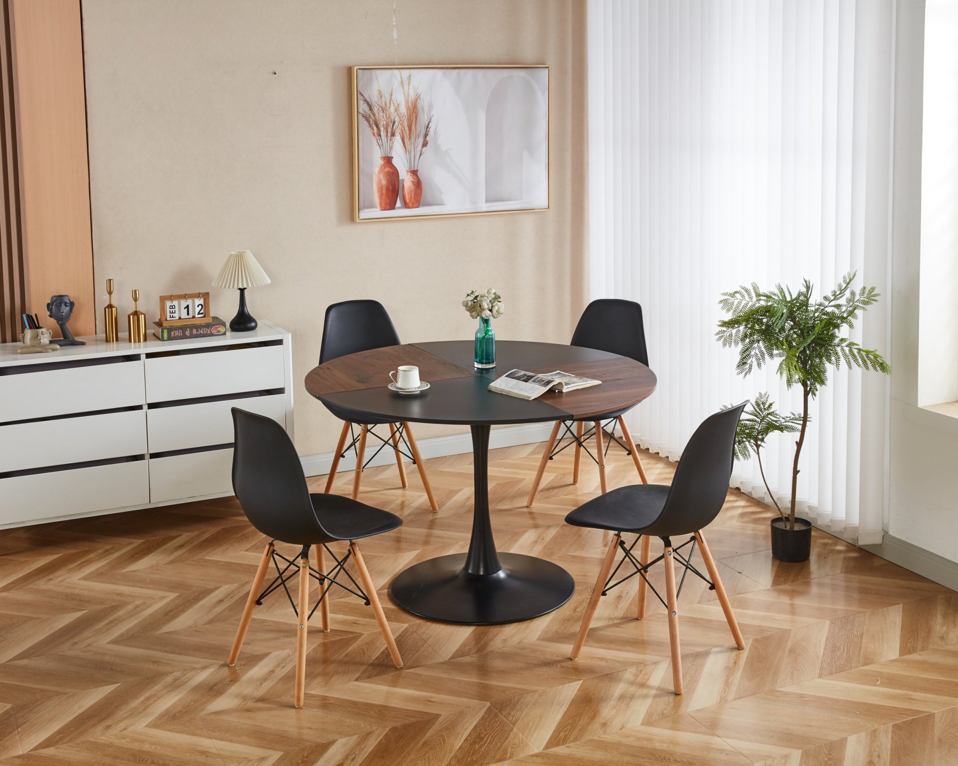 5 Pieces Dining Set, Table Metal Leg Mid-Century Dining Table For 4 - 6 People, Pedestal Dining Table, Table Leisure Coffee Table - Black - Image 2