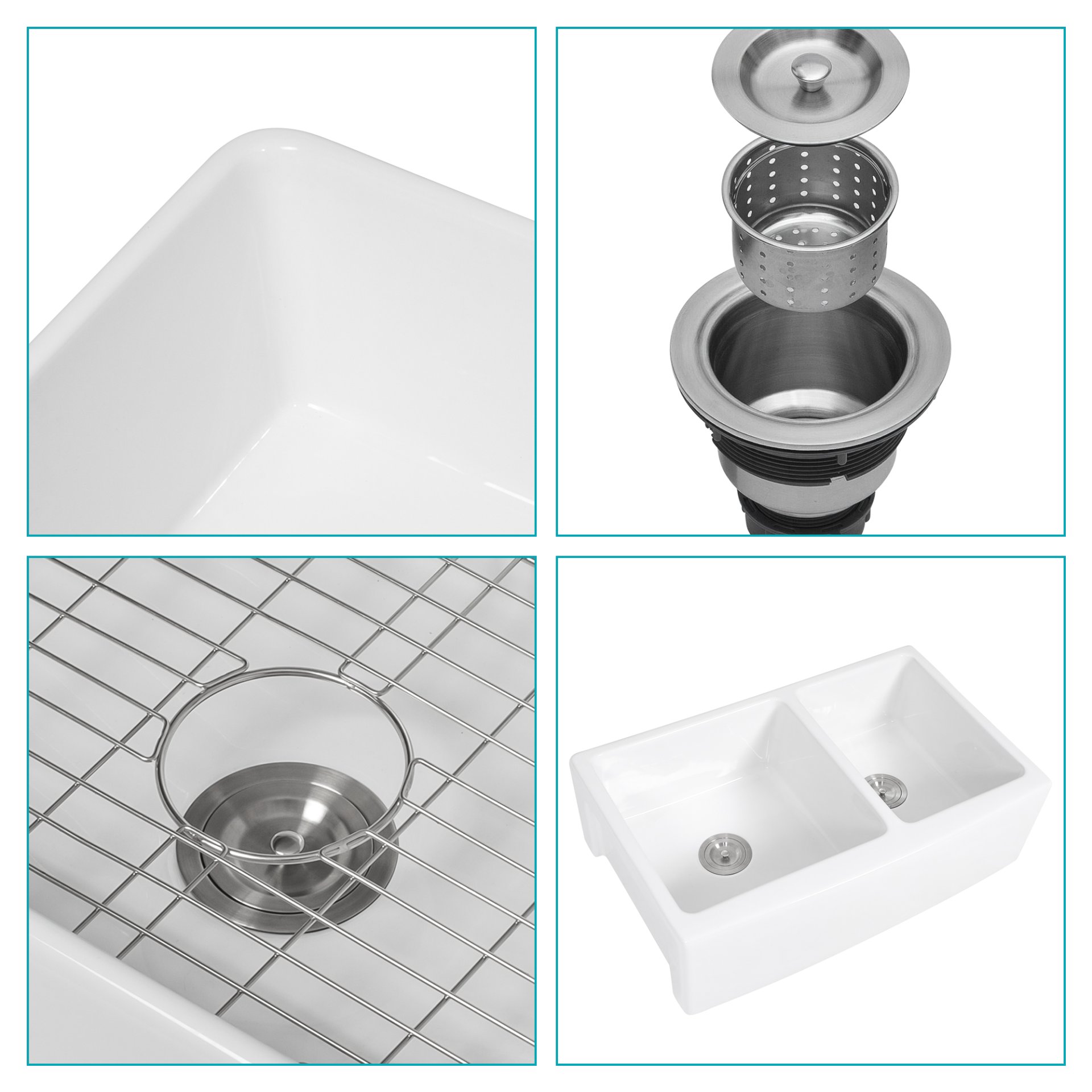 Sink 33" Double Bowl 60 / 40 Kitchen Sink With Deep Basin And Grids - White - Image 7