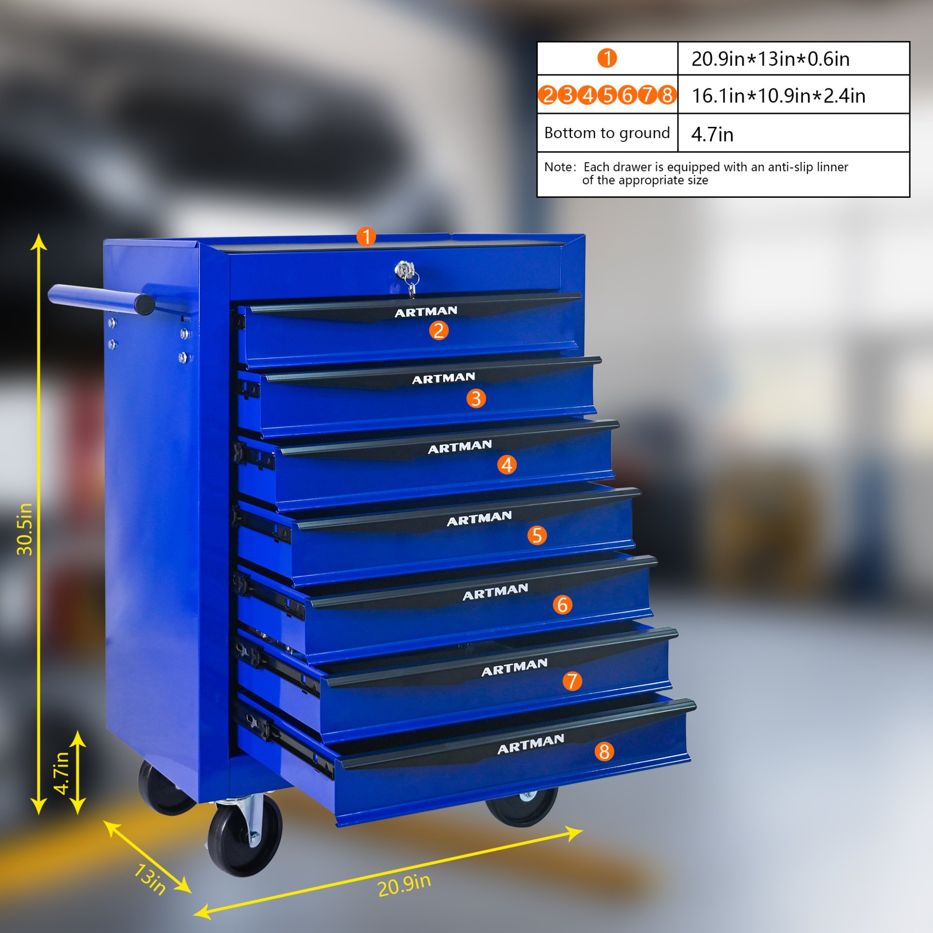 Rolling Metal Tool Chest With 7 Drawers, 20" Steel Storage Cabinet With Ball Bearing Slides - Black / Blue - Image 8