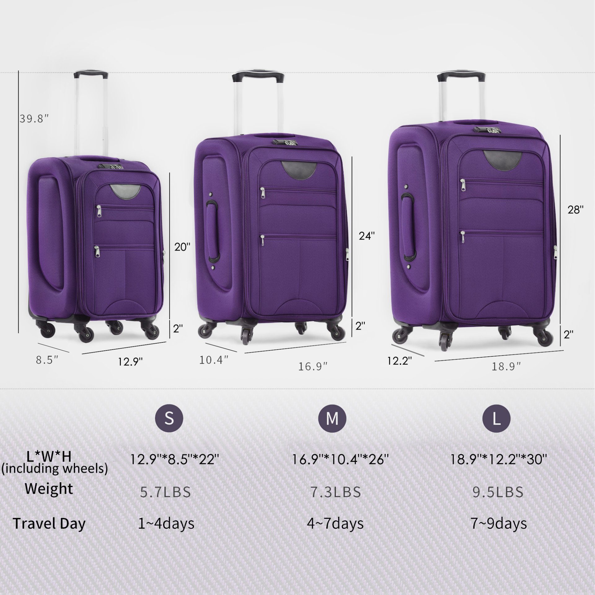 Softside Luggage Expandable 3 Piece Set Suitcase Upright Spinner Softshell Lightweight Luggage Travel Set - Purple - Image 21
