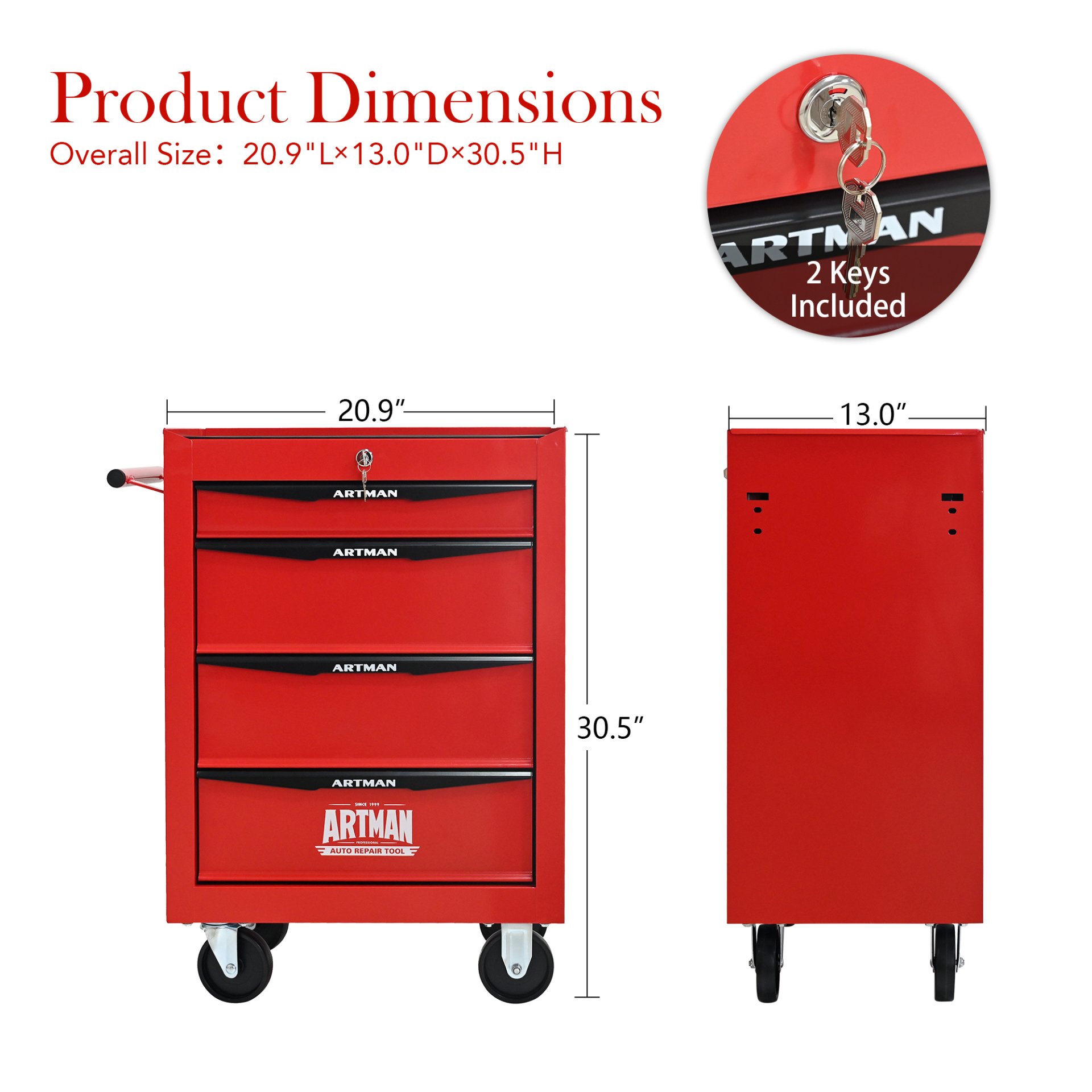 Rolling Metal Tool Chest With 4 Drawers, 20" Steel Storage Cabinet With Ball Bearing Slides - Red / Black - Image 3