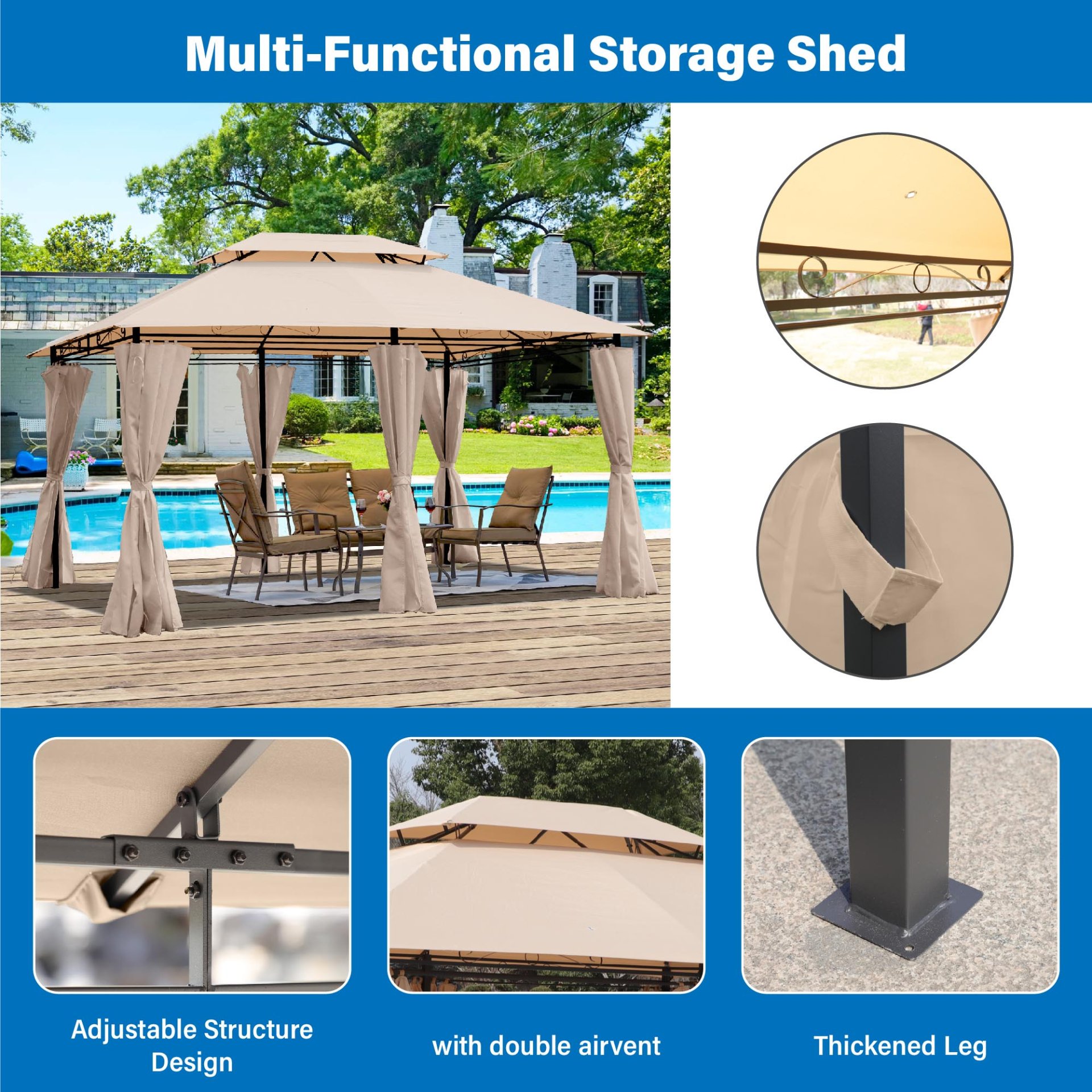 Outdoor Patio Gazebo Canopy Tent With Ventilated Double Roof And Mosquito Net, 13X10 Ft - Khaki - Image 18