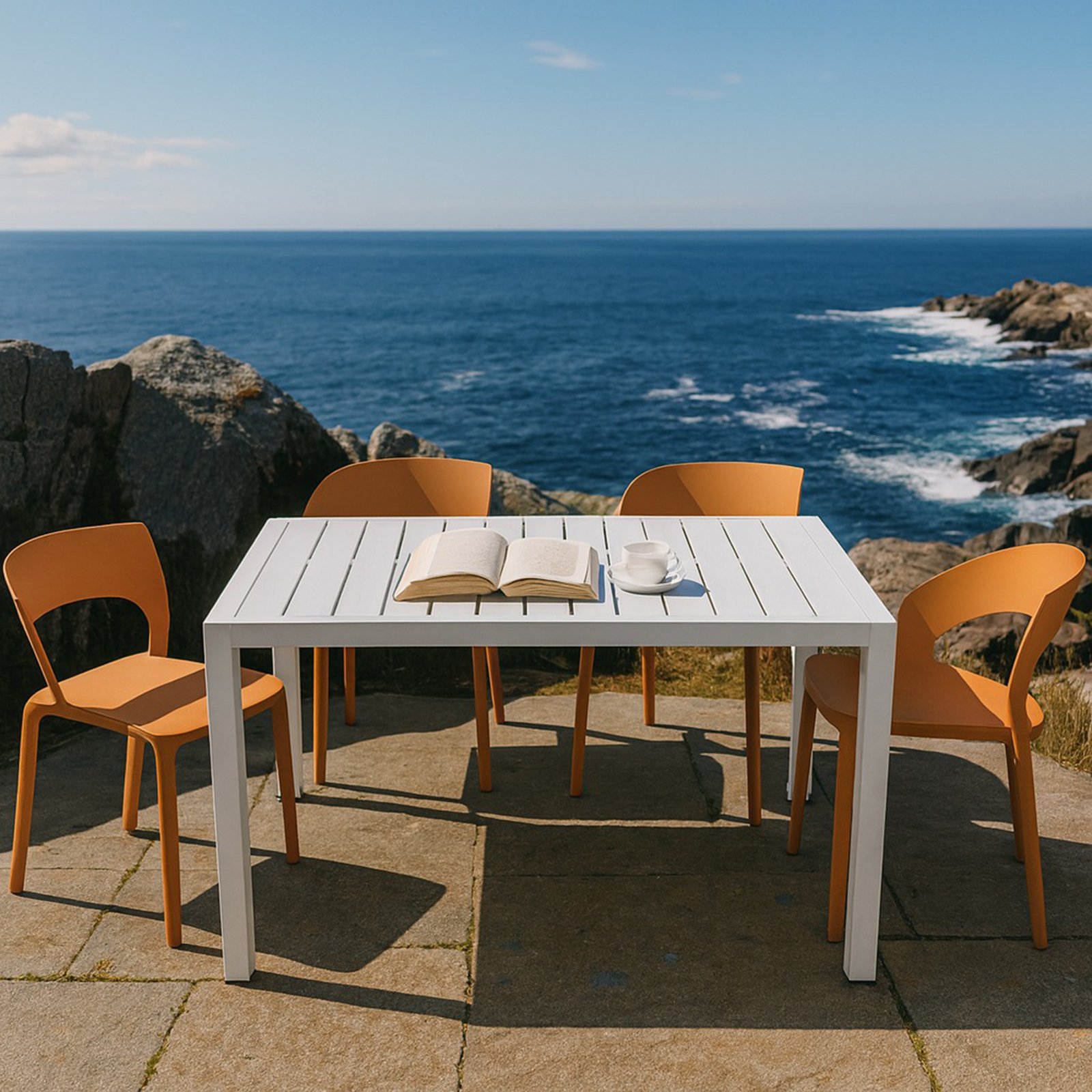 4 Piece Set Of Color Block Designed Single Chairs With Long Table - Tropical Orange / White - Image 9