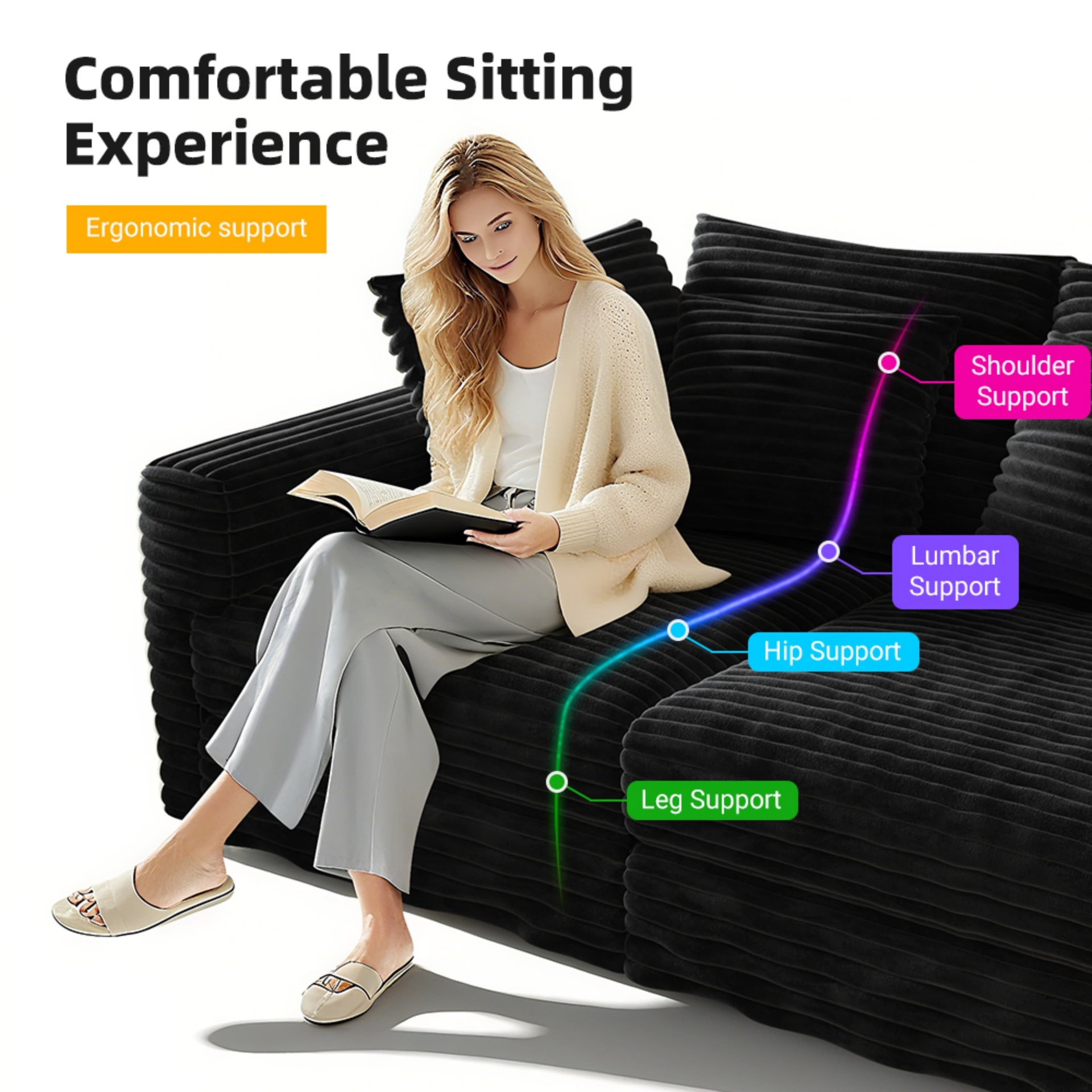 3 Seat Sofa, Convertible Deep Seat Sofa Lounge Chair For Living Room - Black - Image 3