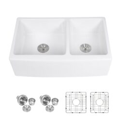 Sink 33" Double Bowl 60 / 40 Kitchen Sink With Deep Basin And Grids - White