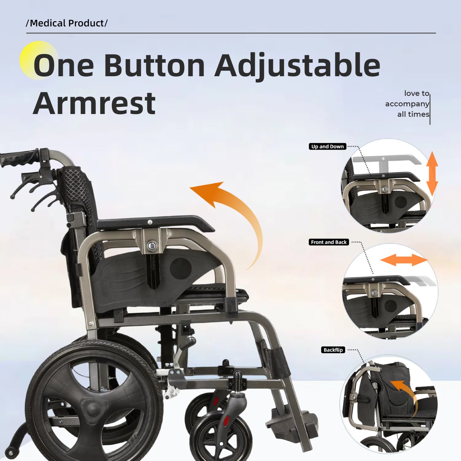 Lightweight Foldable Transport Wheelchair Square Tube Design Double Brakes Adjustable Seat & Armrest Breathable Cushion Anti Backflip 250Lbs Capacity 15" Tires - Black / Gray - Image 5
