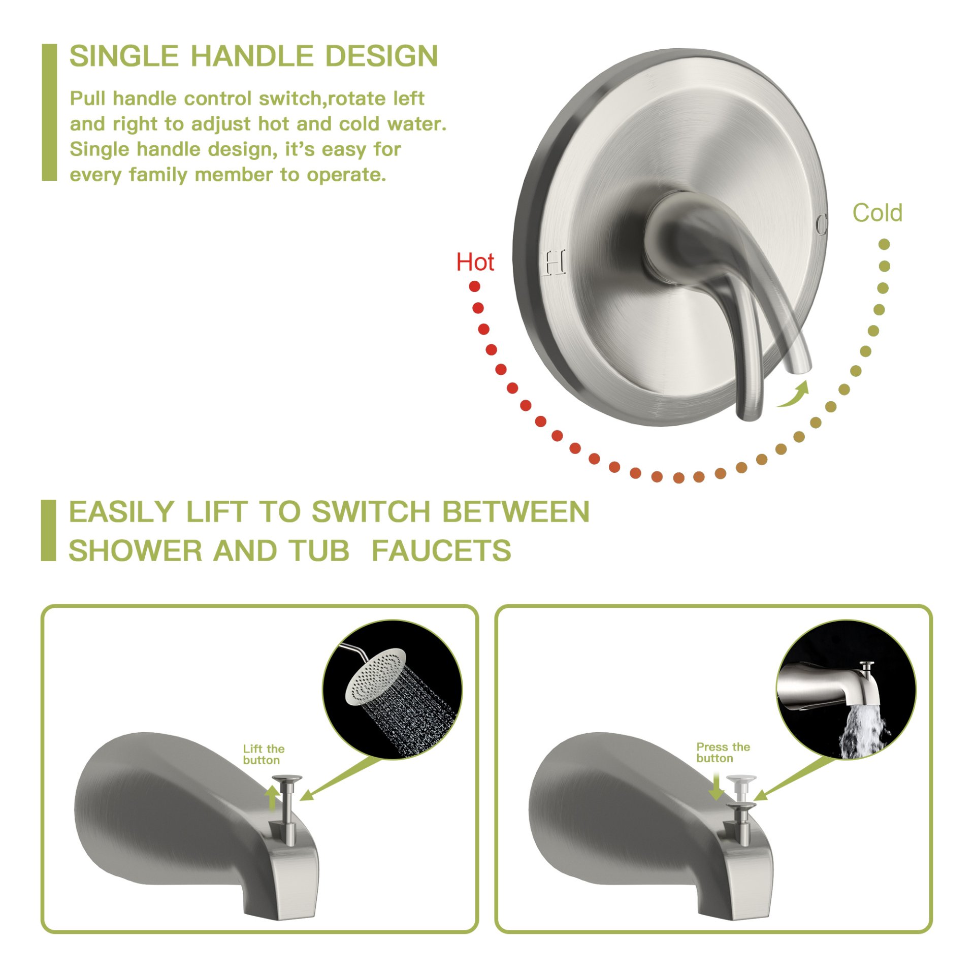 10" Round Rain Shower Head System With Waterfall Tub Spout, Wall Mounted, Stainless Steel - Brushed Nickel - Image 6
