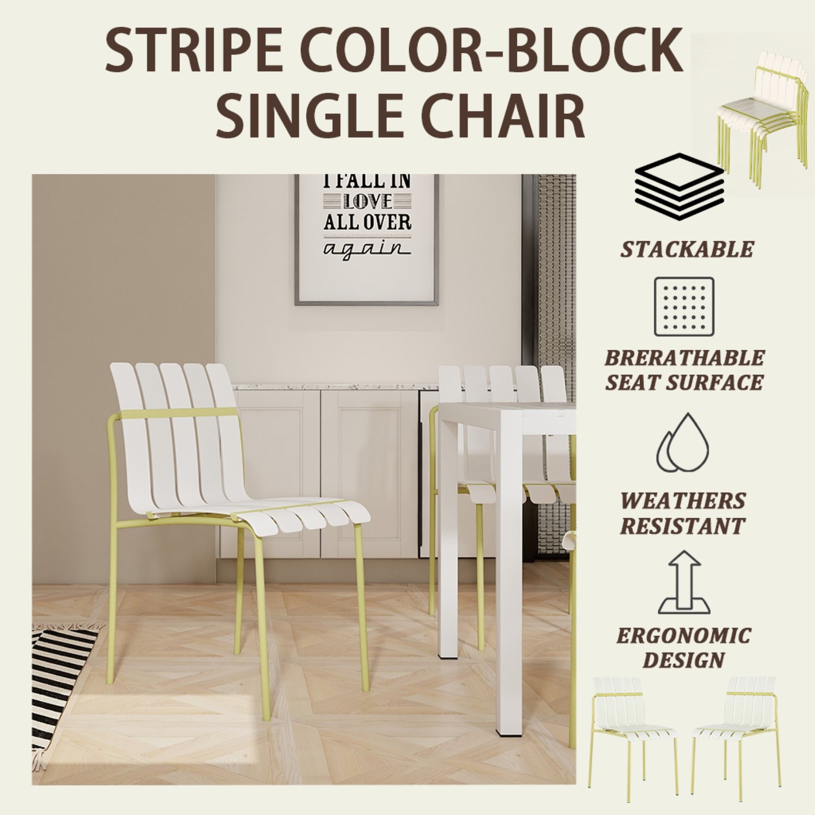 4 Piece Set Of Color Block Designed Single Chairs With Folding Square Table - Grain Yellow / Khaki / White - Image 24