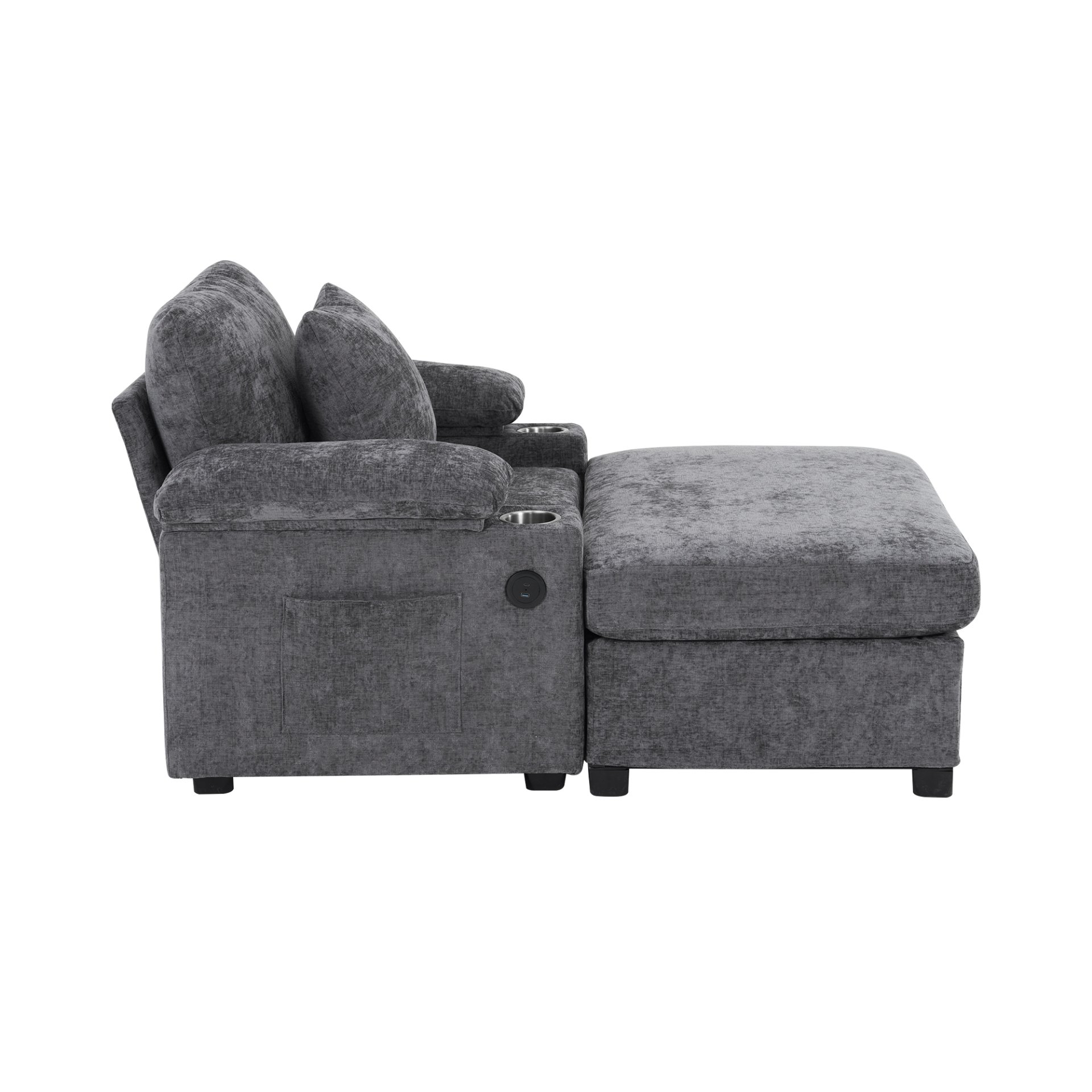 Modern Oversized Chair With Ottoman, Chenille Fabric Sofa Bed, Accent Chair Comfy Sofa With Cupholders And USB Charging Ports Chair For Living Room - Dark Gray - Image 10