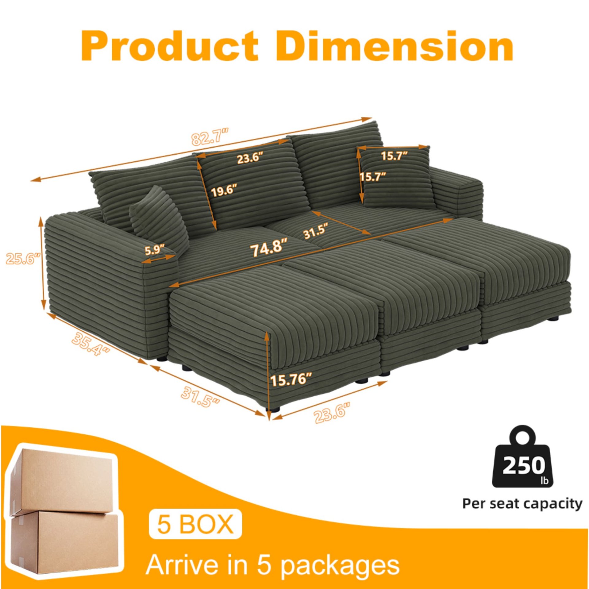 3 Seat Sofa, Deep Seat Couches With Soft Pillows And 3 Ottomans, Convertible Sofa Lounge Chair, For Living Room - Green - Image 10