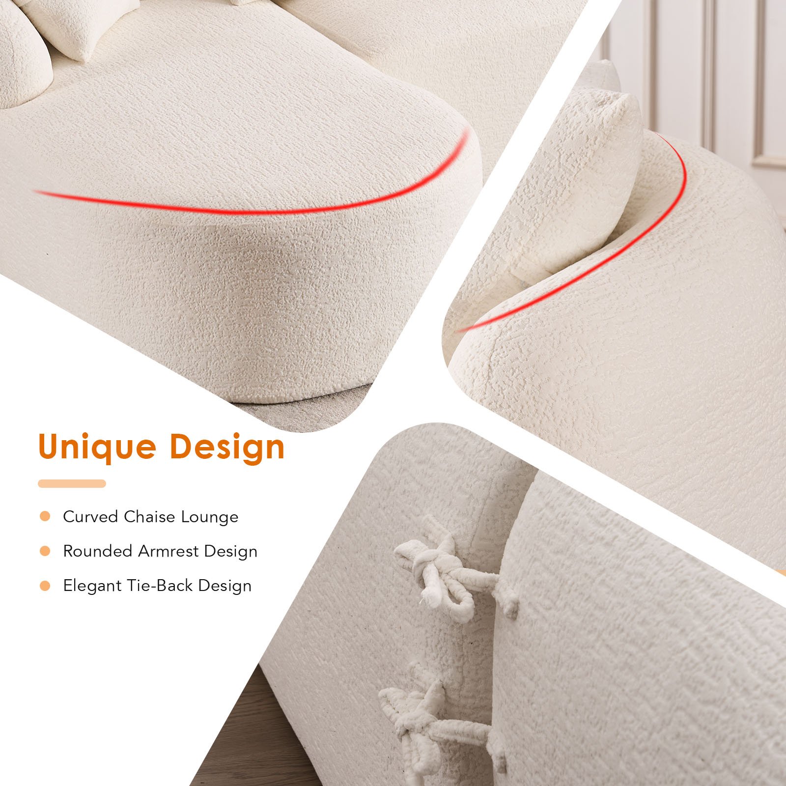 Compression Sofa: Combining Chaise Longue With 3 Seater, Wood Grain Chenille Fabric, Full Sponge Compression Sofa, Combined Sofa With 4 Pillows For Living / Home Furniture / Apartment - White - Image 4