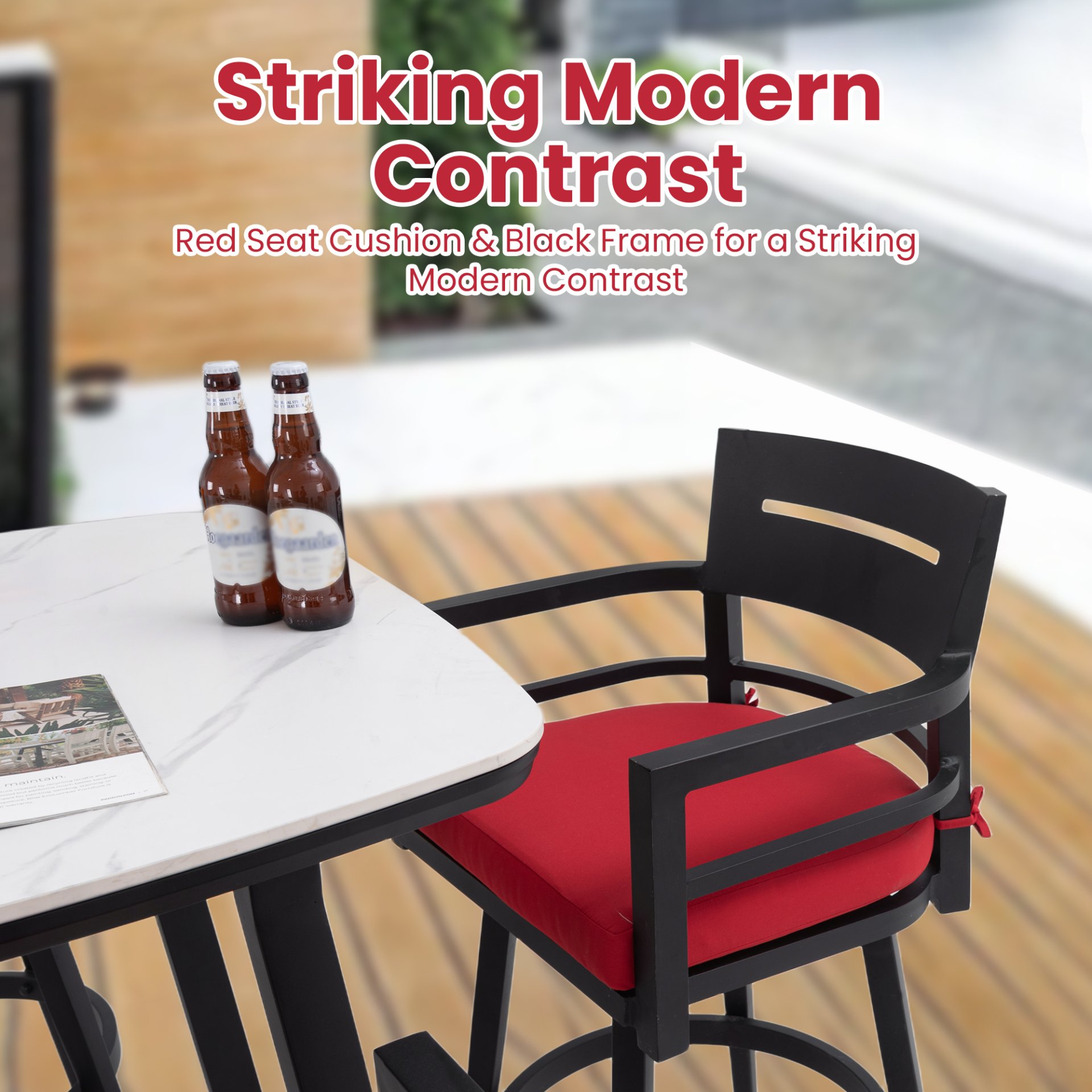 5 Pieces Outdoor Patio Bar Set, Rounded Square Table & 4 Swivel Bar Chairs - Ember Black Frame / Greek White Marble-Inspired Sintered Stone - Image 4