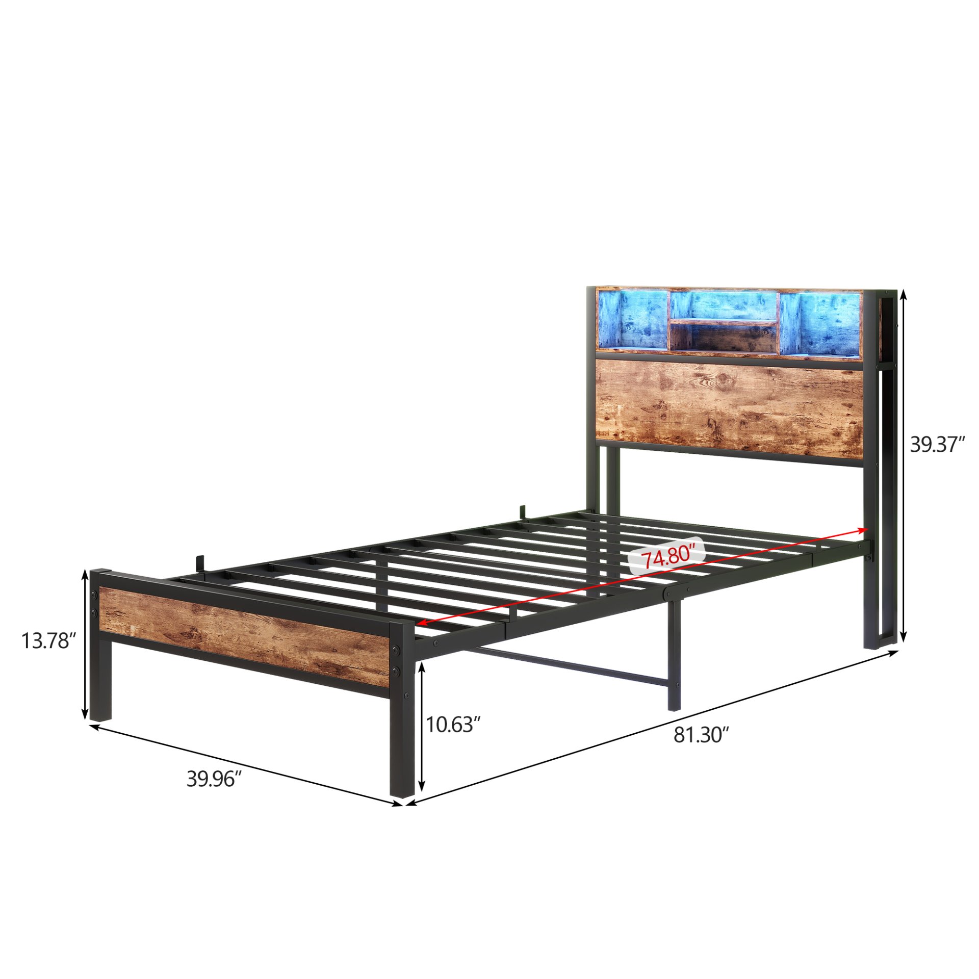 Modern Twin Size Metal Platform Bed Frame With Storage Headboard And Charging Station - Brown - Image 3