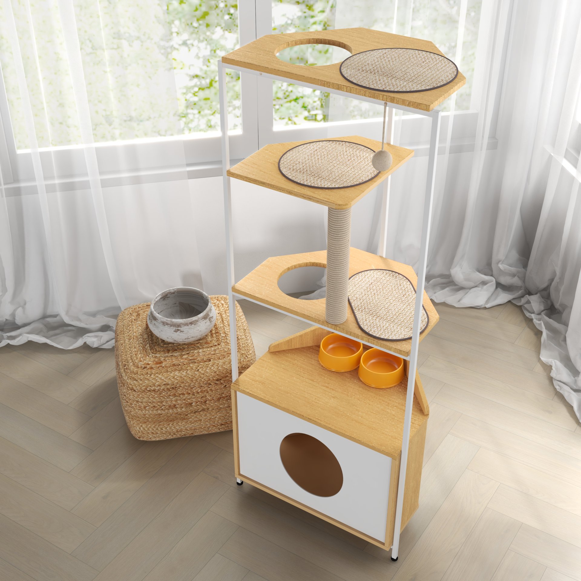 Corner Cat Tower, Cat Tree With Scratching Post, Cat Condo With Feeding Station And Climbing Platforms, Pet Furniture For Indoor Cats - White / Light Oak - Image 6
