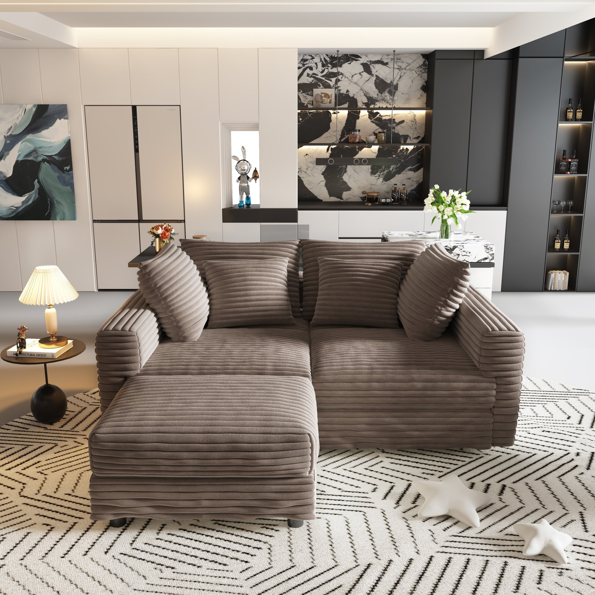 4 Seat Sofa, Deep Seat Couches With Soft Pillows And Movable Ottoman, Convertible Sofa Lounge Chair, For Living Room - Camel - Image 7