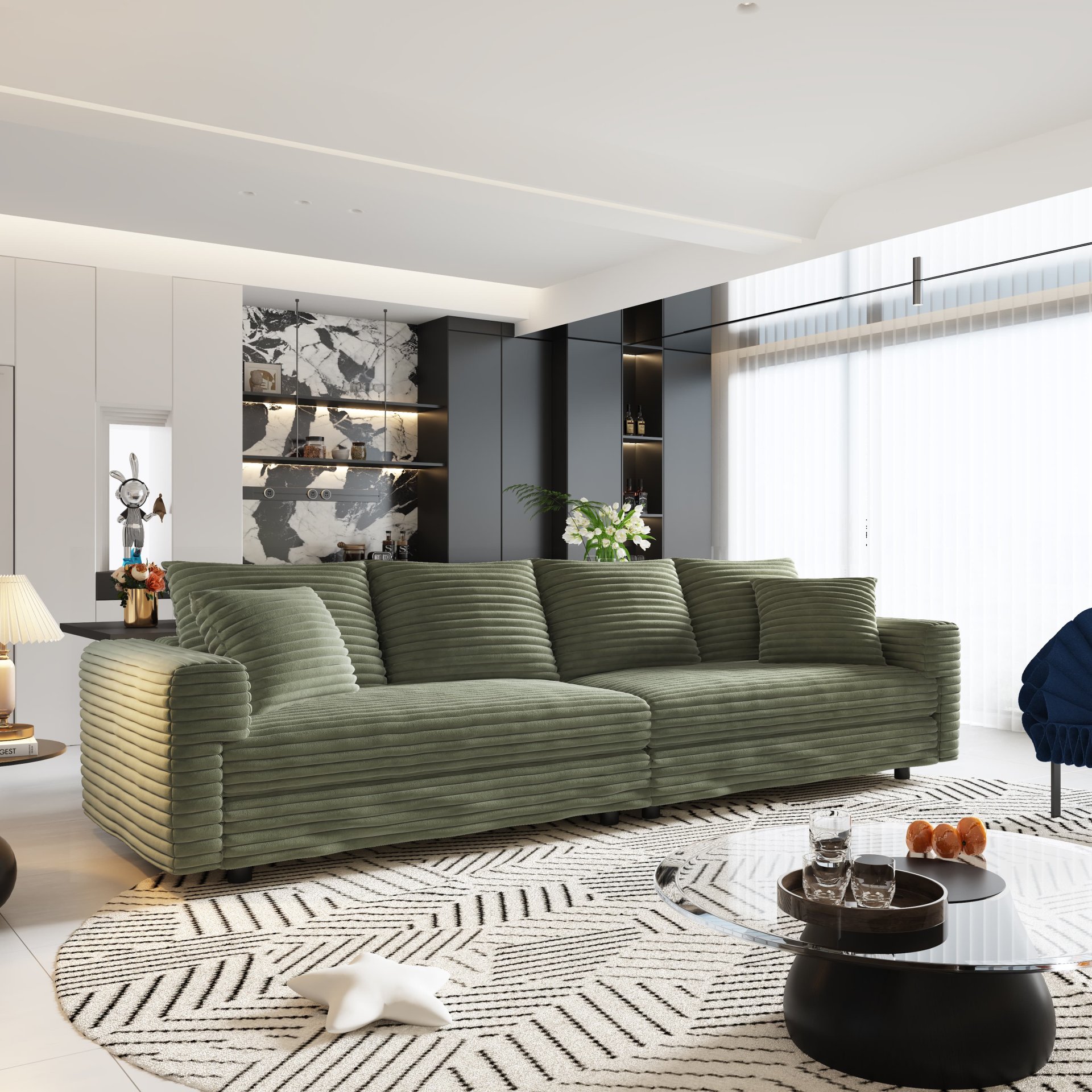 4 Seat Sofa, Deep Seat Couches With Soft Pillows And Movable Ottoman, Convertible Sofa Lounge Chair, For Living Room - Green - Image 5