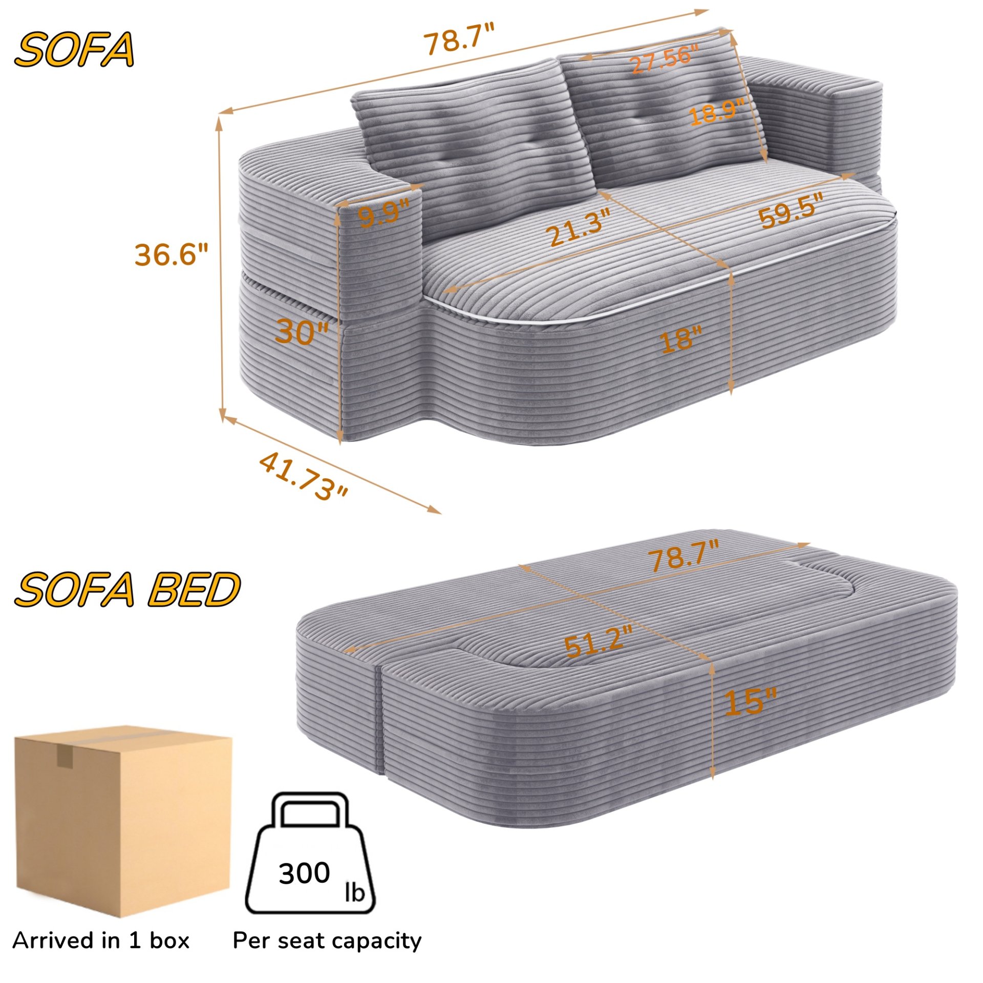 2 In 1 Foldable Sofa Plush Corduroy Sofa Convertible Floor Sofa Bed Deep Seating With Multi Functional Blanket Suitable For Living Rooms - Light Gray - Image 4