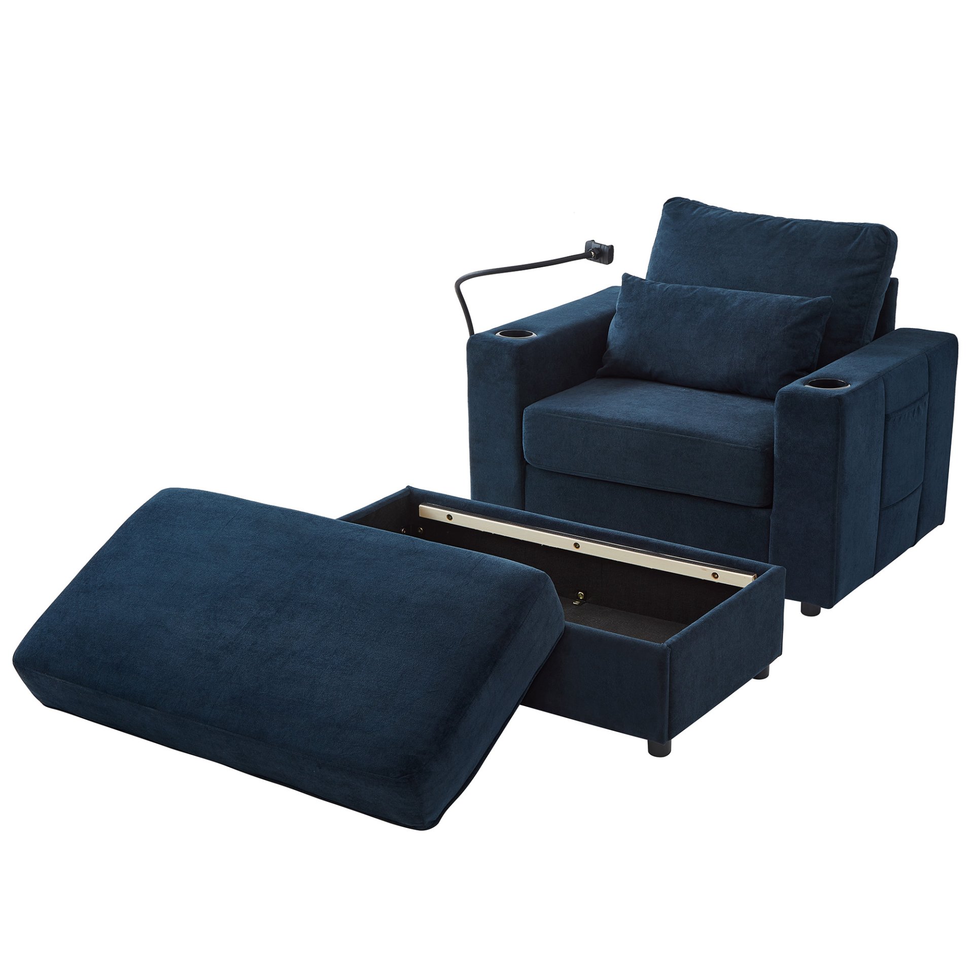 Modern Style Armchair Chaise Lounge Sofa Couch With Movable Storage Ottoman, USB Ports, Cup Holders, Phone Holder, Side Pockets - Blue - Image 18