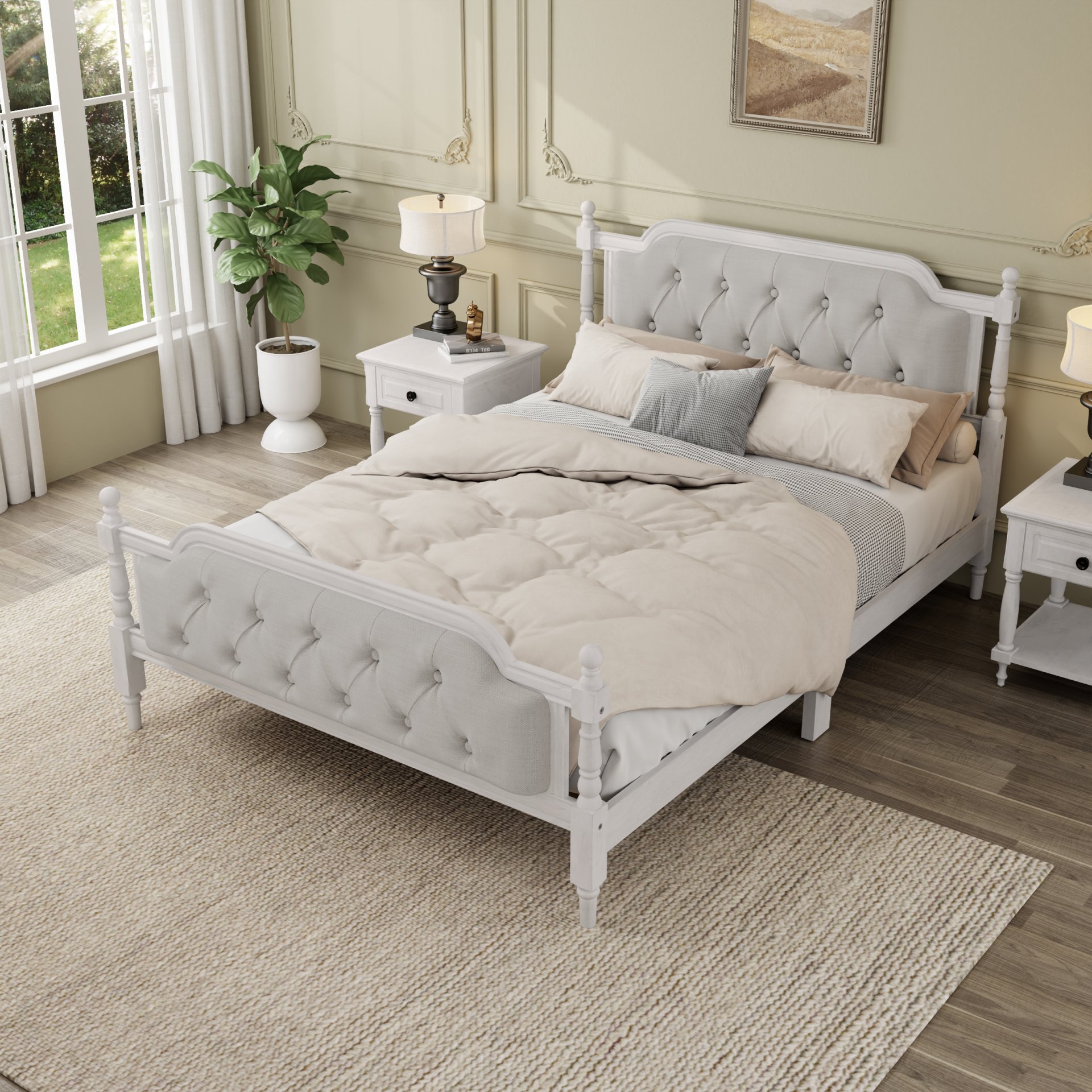 Full Size Traditional Style Solid Bed Frame With Upholstered Tufted Headboard, No Box Spring Needed - Antique White - Image 10