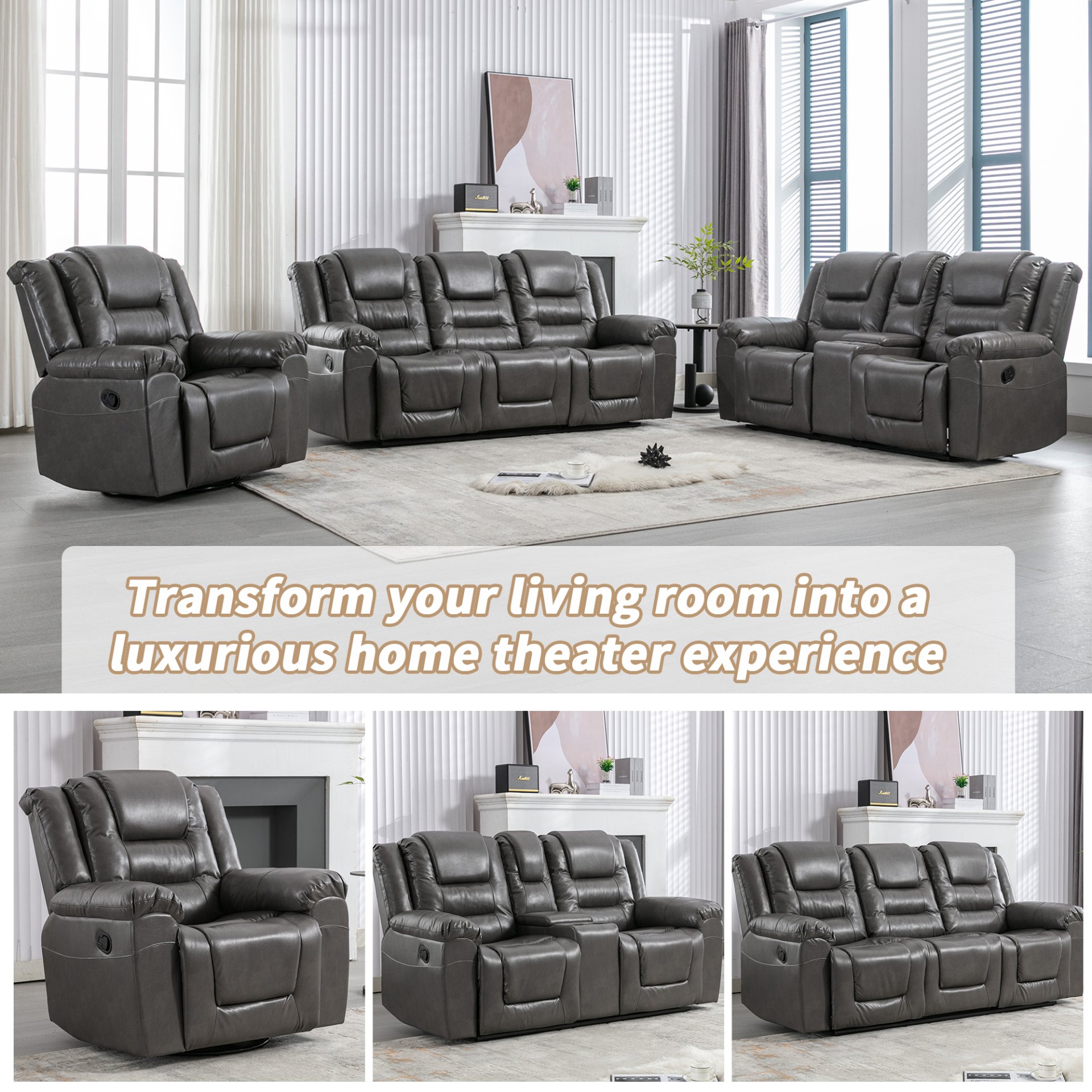 3 Seater Home Theater Recliner Manual Recliner Chair With Two Built-In Cup Holders For Living Room - Gray - Image 7