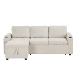 Convertible L Shaped Sofa Couch With Storage, Cup Holders, USB Ports - Beige