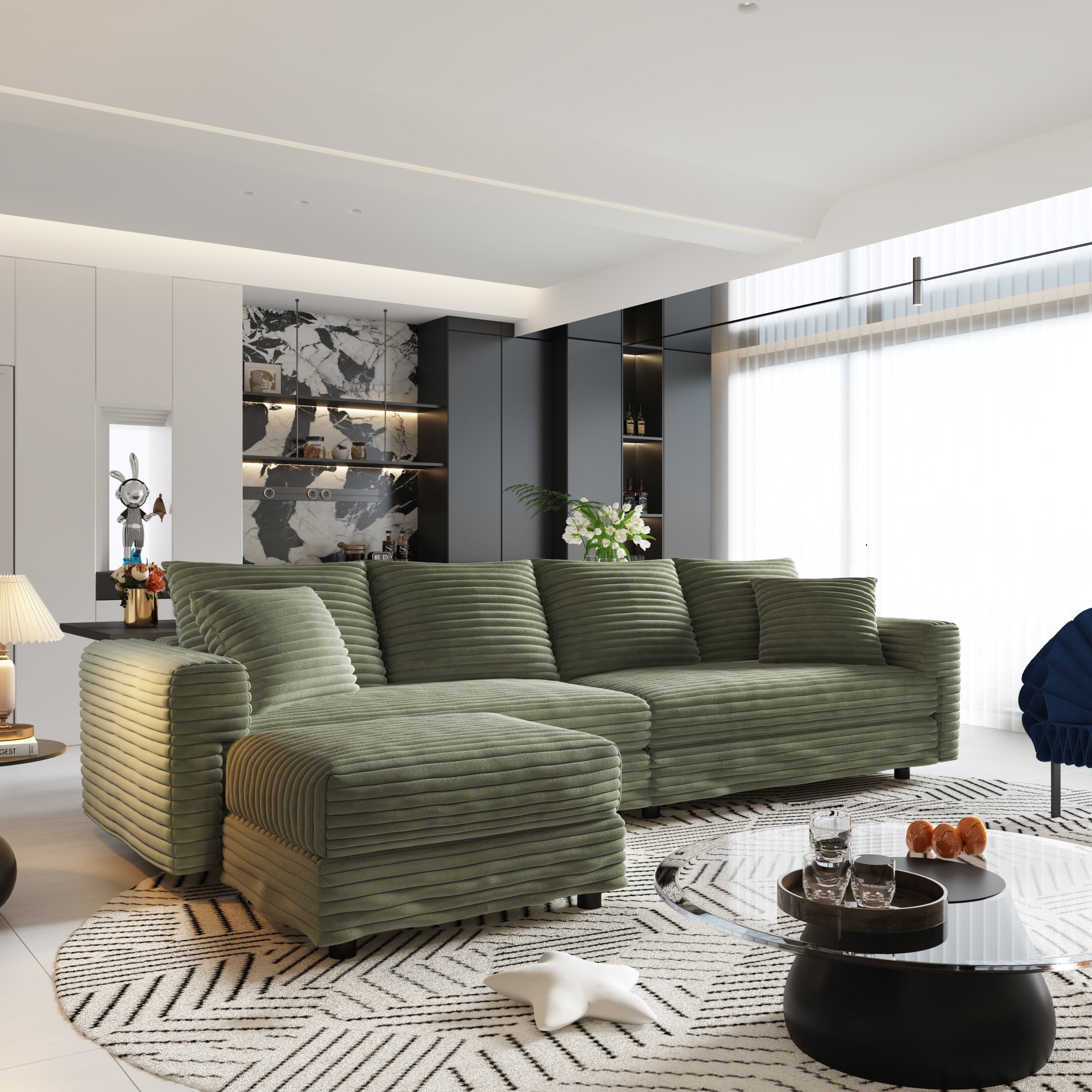 4 Seat Sofa, Deep Seat Couches With Soft Pillows And Movable Ottoman, Convertible Sofa Lounge Chair, For Living Room - Green - Image 2