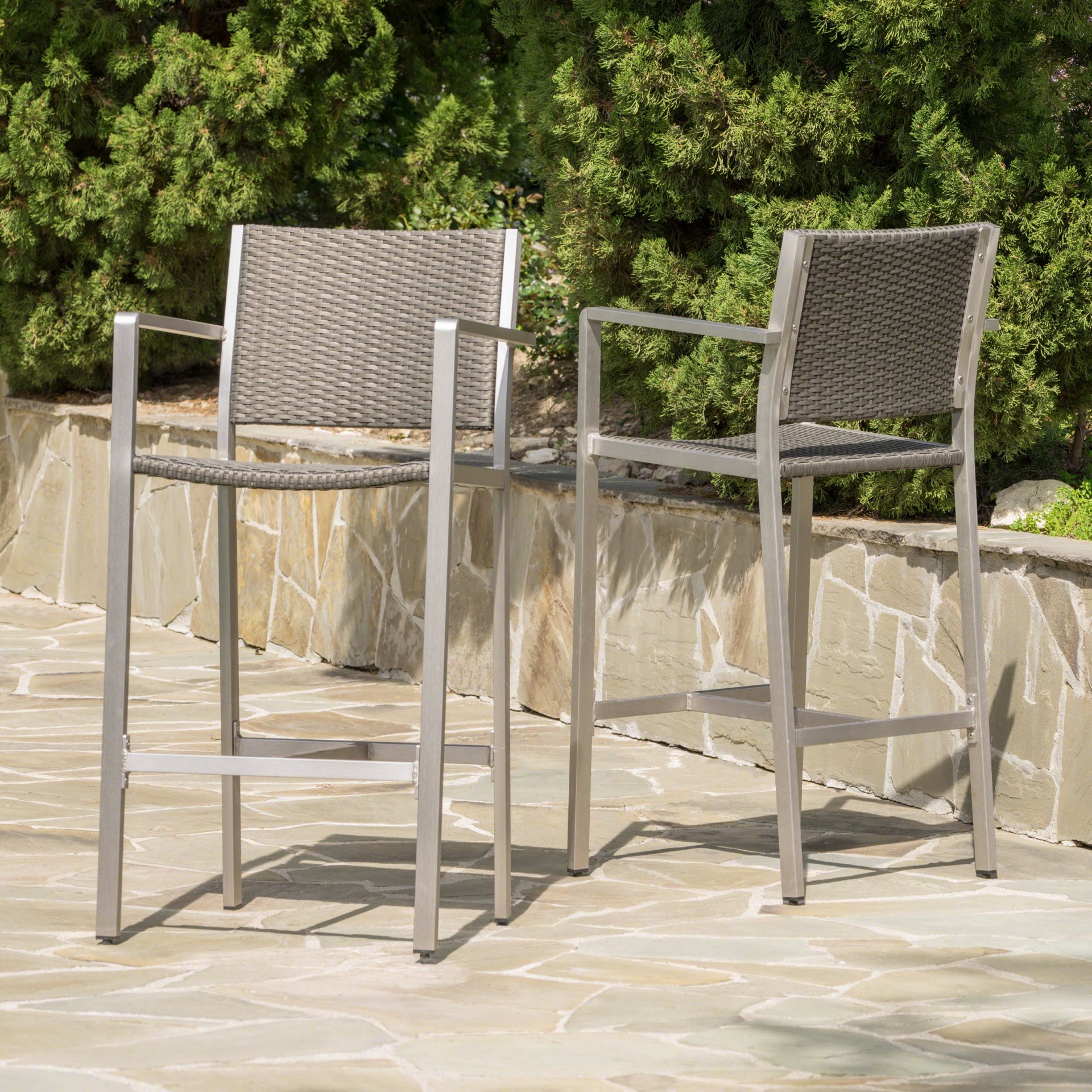 Outdoor Rust Proof Aluminum Barstools With Rattan Seat And Backrest - Silver / Gray - Image 5