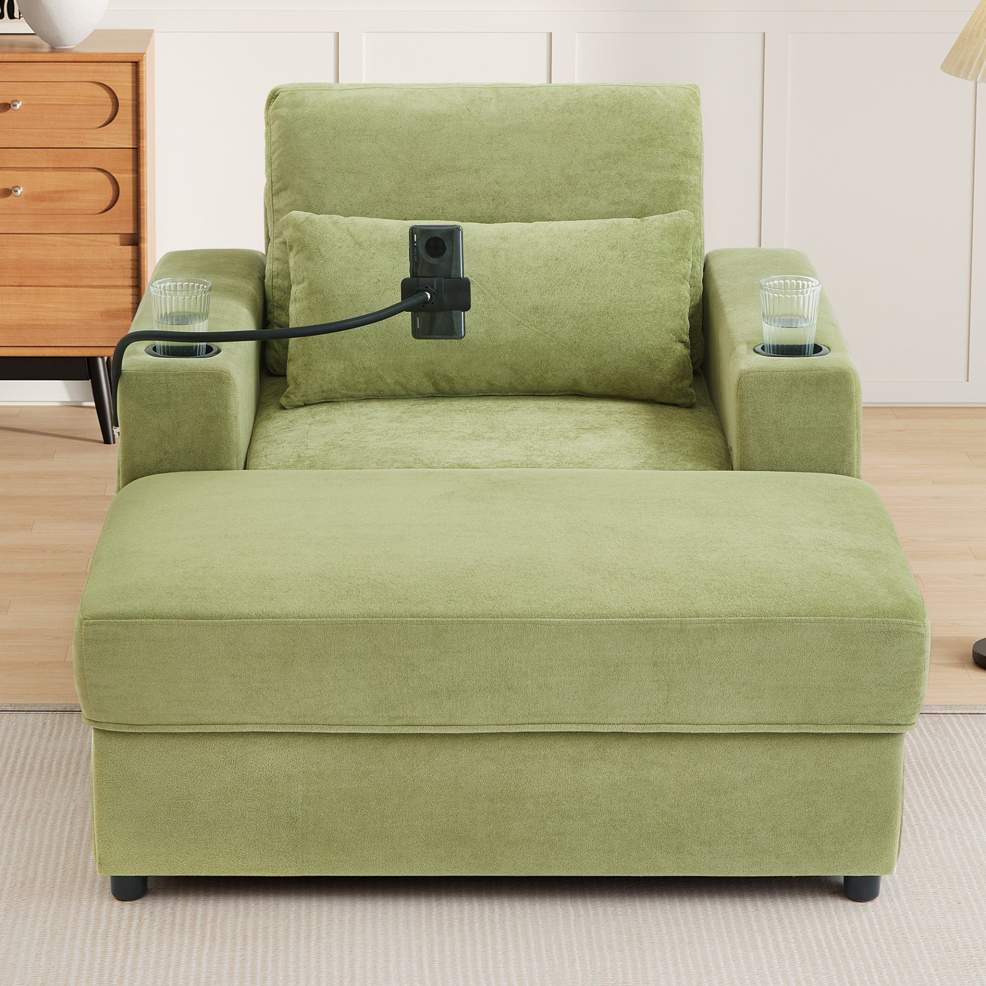 Modern Style Armchair Chaise Lounge Sofa Couch With Movable Storage Ottoman, USB Ports, Cup Holders, Phone Holder, Side Pockets - Green - Image 9