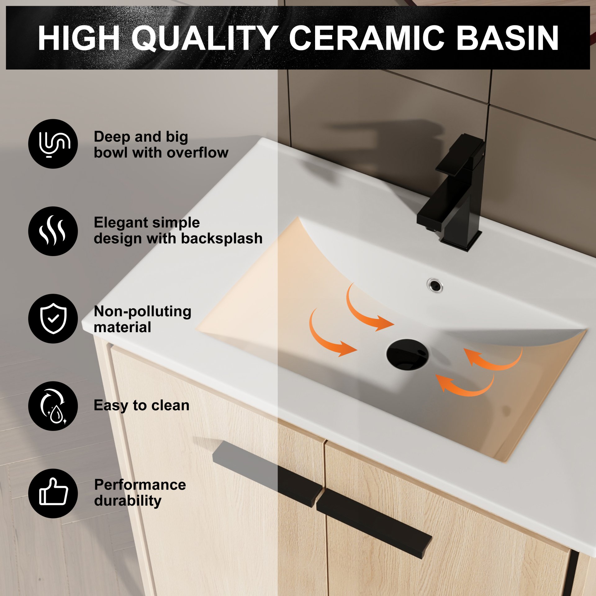 30" Bathroom Vanity Base With Basin And Storage Cabinet - Oak - Image 7
