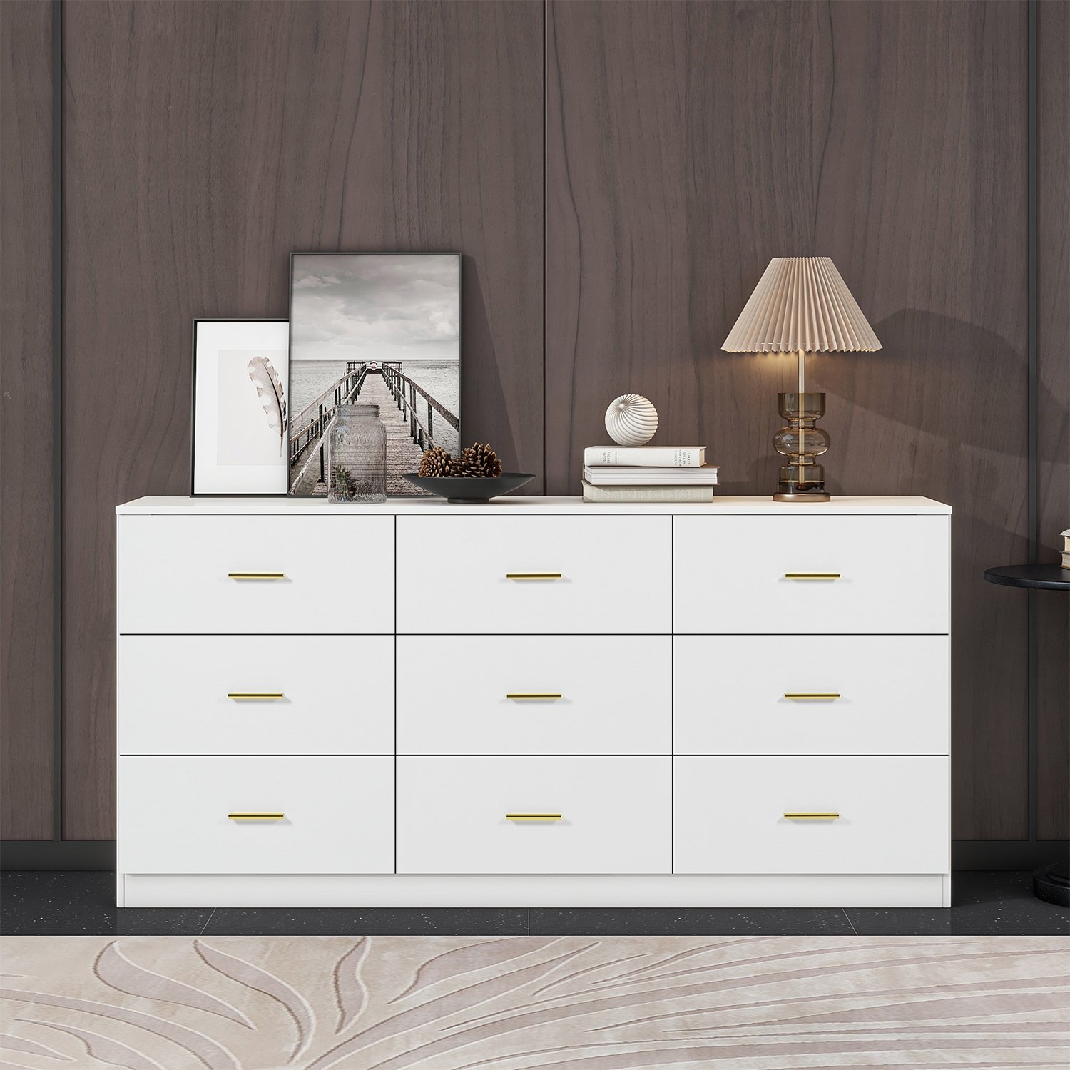 9 Drawer Dresser For Bedroom Ample Storage Wide Chest Of Drawers, Sturdy & Safe - Antique White - Image 2