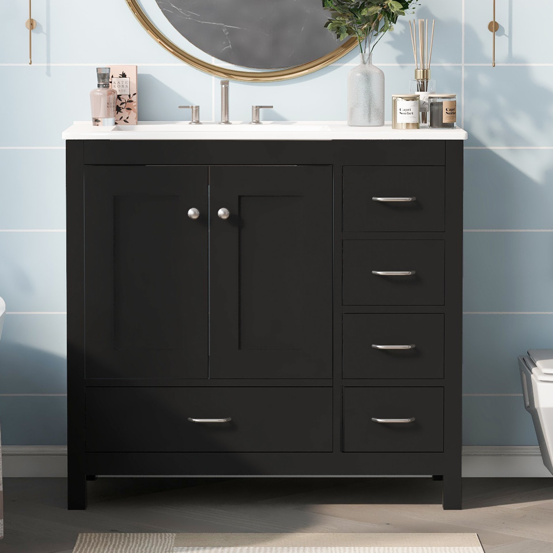 Bathroom Vanity With Ceramic Sink Combo, Abundant Storage Cabinet 2 Soft Close Doors And 5 Drawers - Black - Image 2