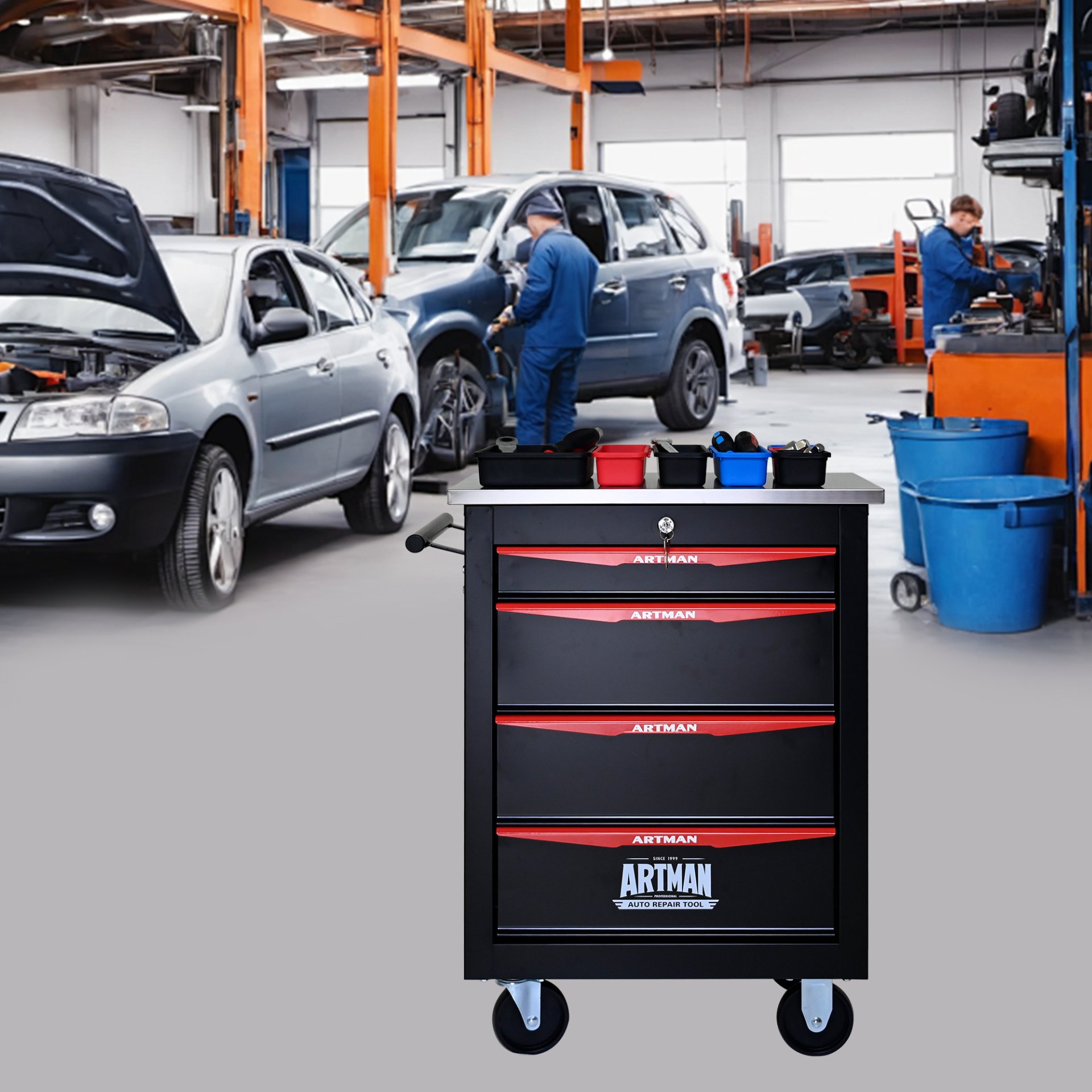 4 Drawer Multifunctional Tool Cart With Wheels, Metal Rolling Tool Cart Storage For Garage Workshop Warehouse Repair Shop With Stainless Steel Roof - Black / Red - Image 14