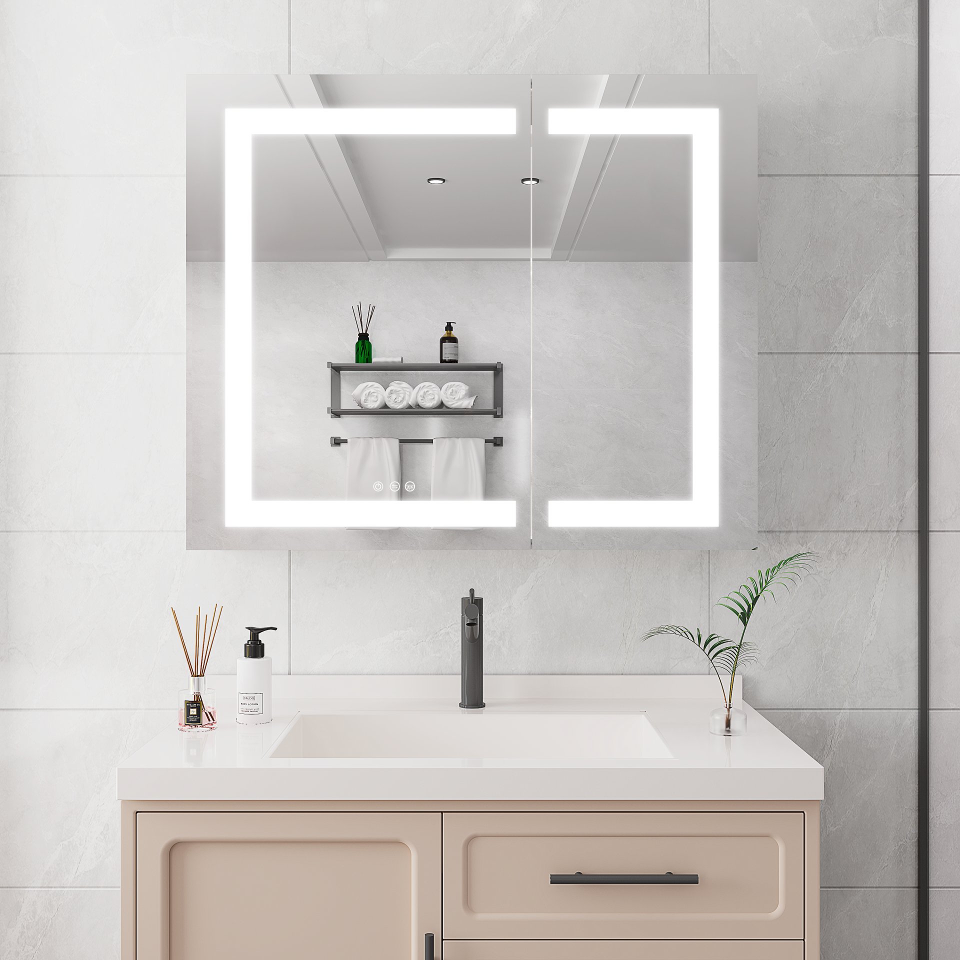 36" X 30" Medicine Cabinet With LED Vanity Mirror, Anti-Fog Recessed Or Surface Mount Bathroom Double Door Large Storage 3000K~6000K Bright Lighted Aluminum Storage Cabinet With Touch Switch - Silver - Image 9