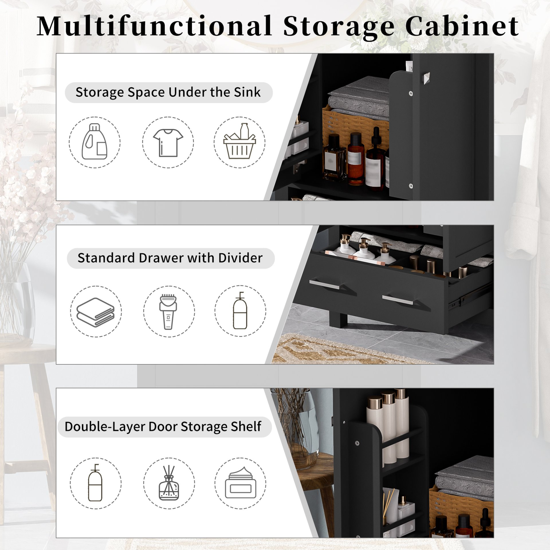 Bathroom Vanity With Integrated Undermount Sinks, Soft Close Doors, Divided Drawer, And Double Layer Door Shelf - Black - Image 9