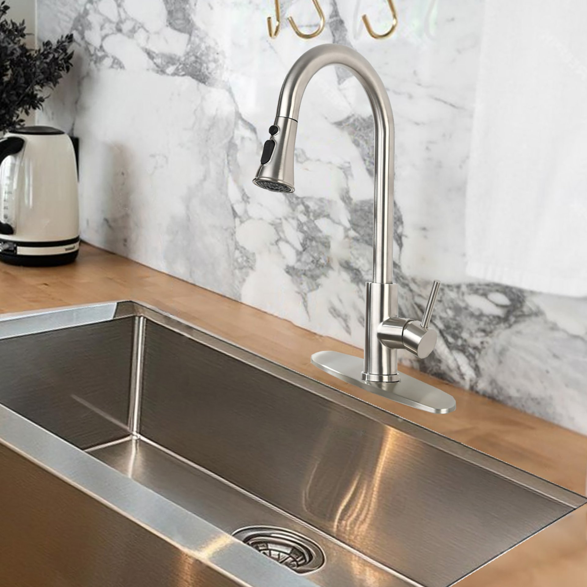 Classic High Arc Kitchen Faucet With Pull Down Sprayer, Stainless Steel - Brushed Nickel - Image 2