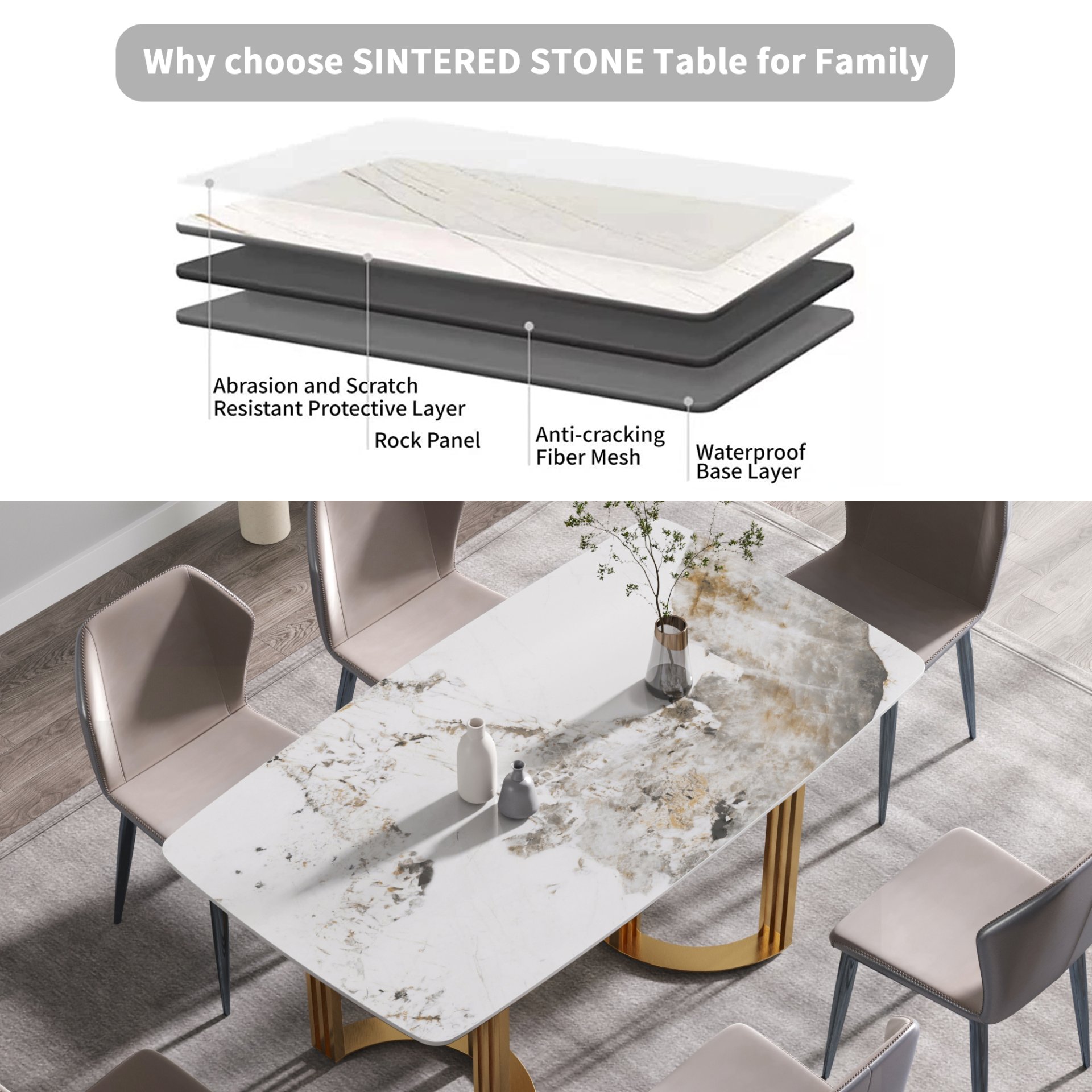 63" Modern Artificial Stone Pandora White Curved Metal Leg Dining Table, 6 People - Antique White - Image 11