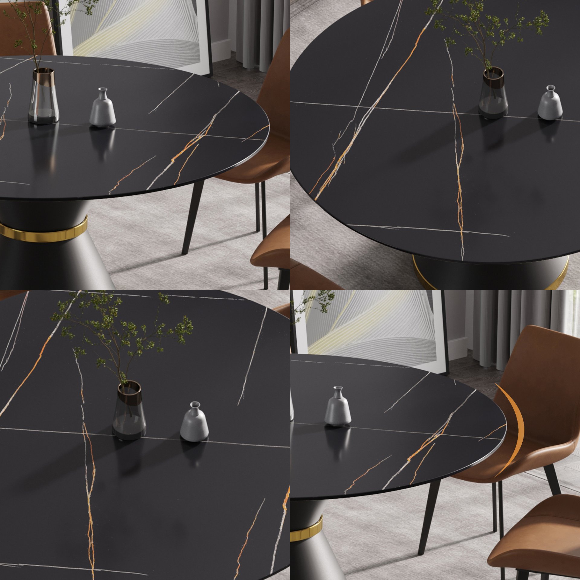 59.05" Modern Artificial Stone Round Black Carbon Steel Base Dining Table, Can Accommodate 6 People - Black - Image 5