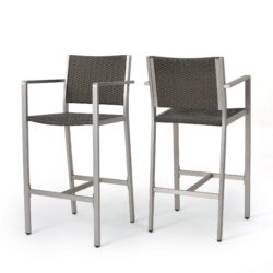 Outdoor Rust Proof Aluminum Barstools With Rattan Seat And Backrest - Silver / Gray