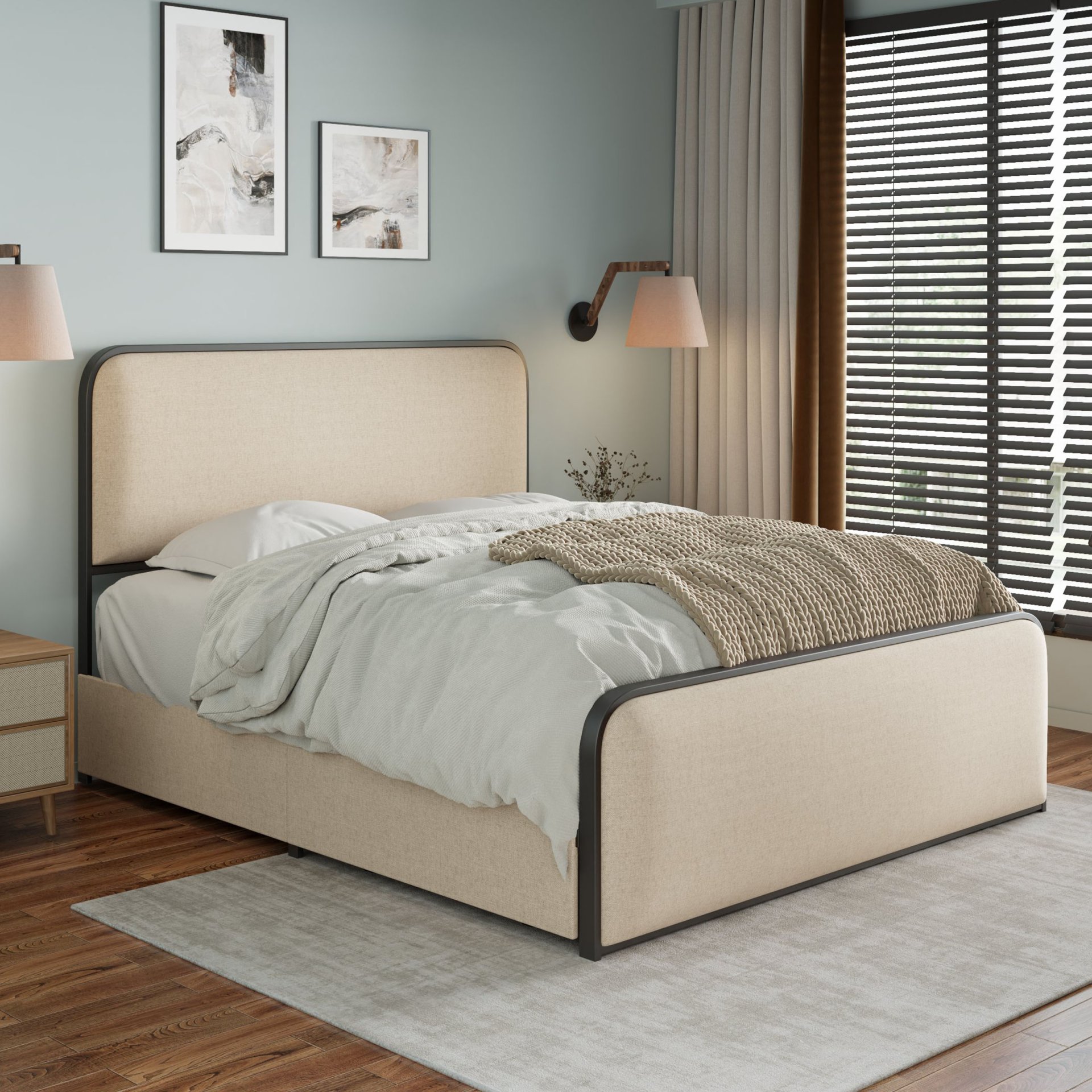 Modern Metal Bed Frame With Curved Upholstered Headboard And Footboard Bed With 4 Storage Drawers, Heavy Duty Metal Slats, Queen Size - Beige - Image 6