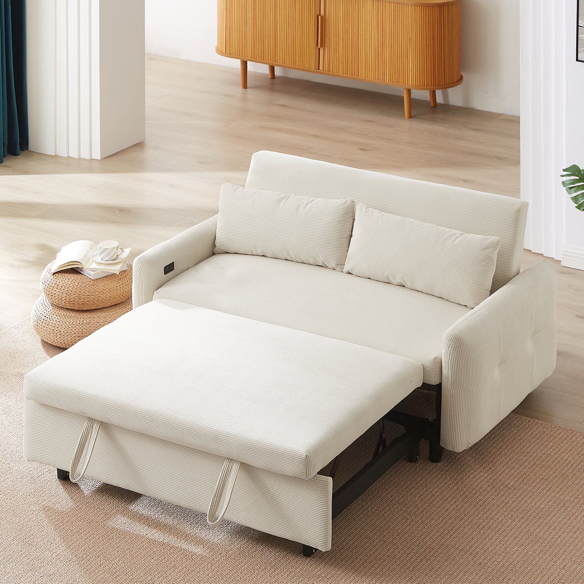 Pull Out Sofa Bed Convertible Couch 2 Seat Loveseat Sofa Modern Sleeper Sofa With 2 Throw Pillows And USB Ports For Living Room - Beige - Image 2