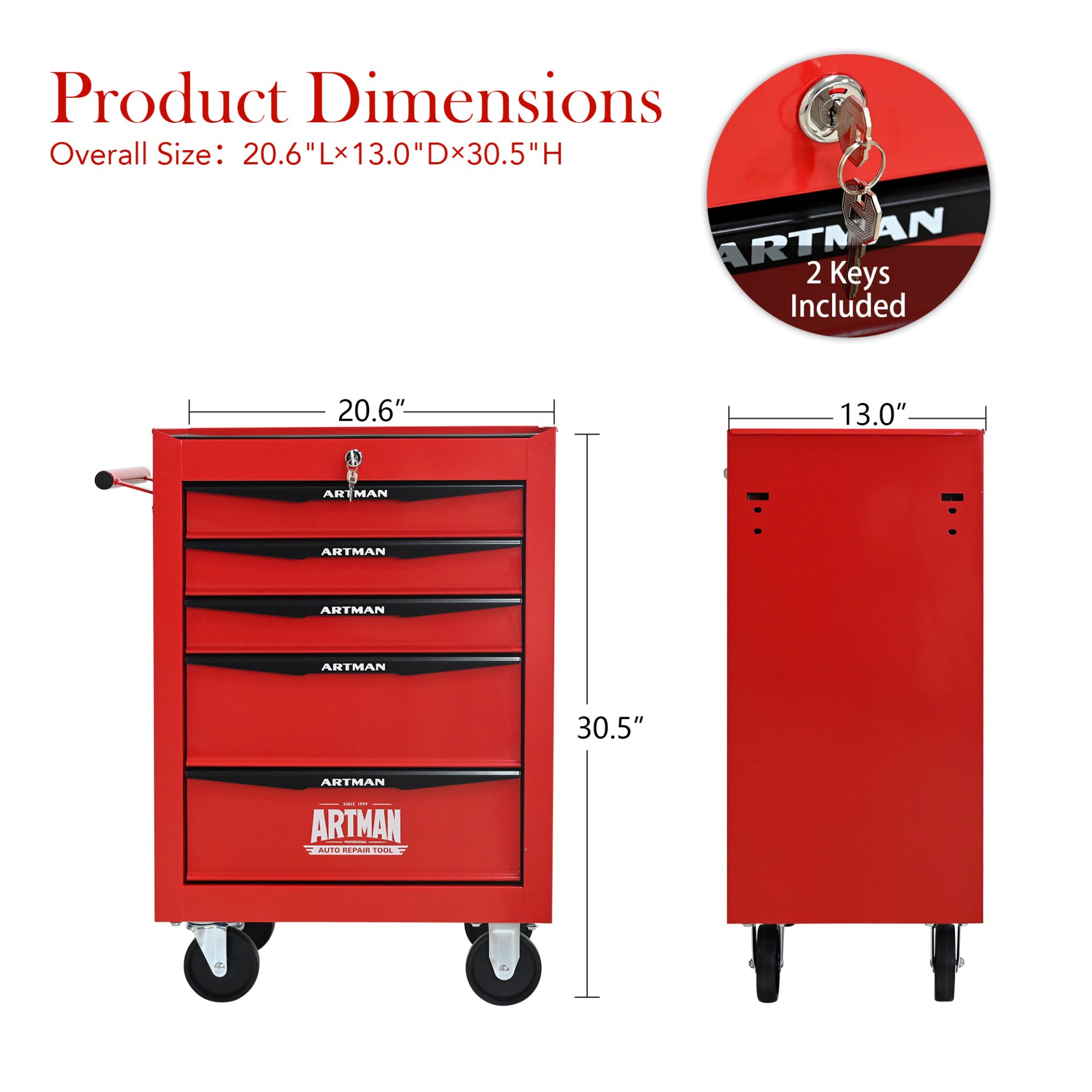 Rolling Metal Tool Chest With 5 Drawers, 20" Steel Storage Cabinet With Ball Bearing Slides - Red / Black - Image 3