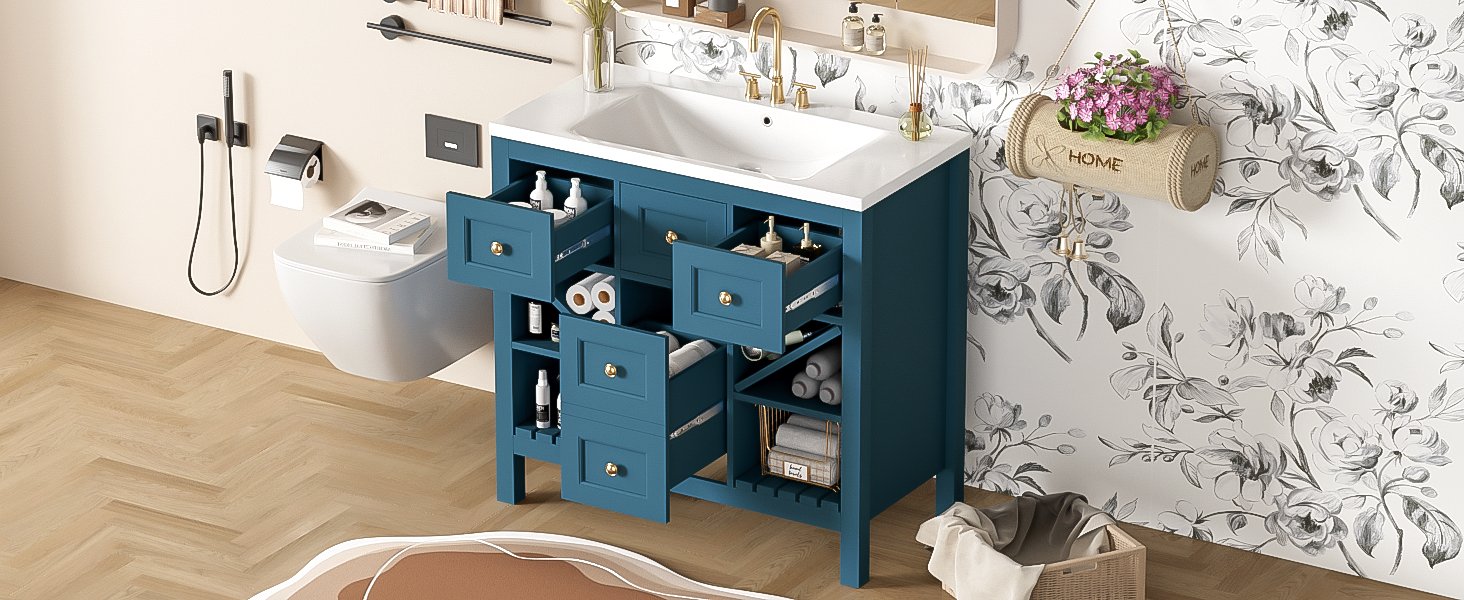 Bathroom Vanity With Resin Sink Combo, Frame Bathroom Storage Cabinet, Freestanding Vanity Set, 5 Drawers & Soft Closing Doors - Blue - Image 24